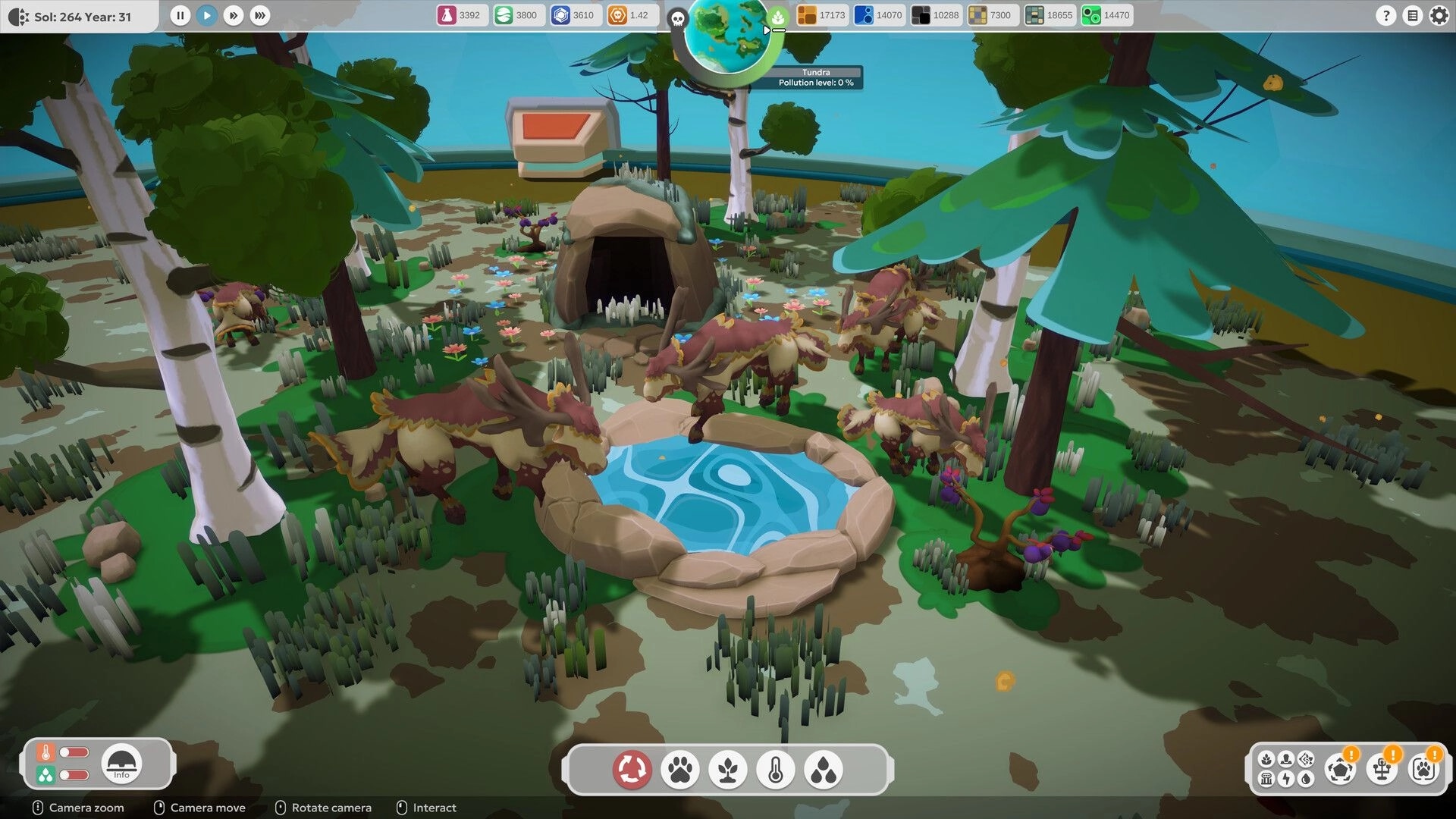 BioEden: Herd of antlered creatures around a pond and cave in tundra biome with resource UI bar.