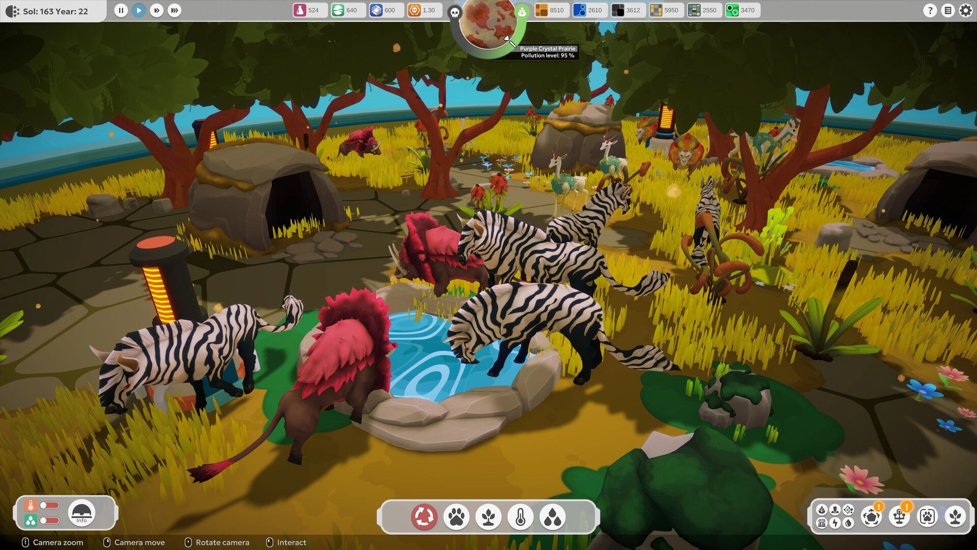 BioEden: Zebras and red-maned beasts drink at a pond in a grassy biome with resource UI bar.