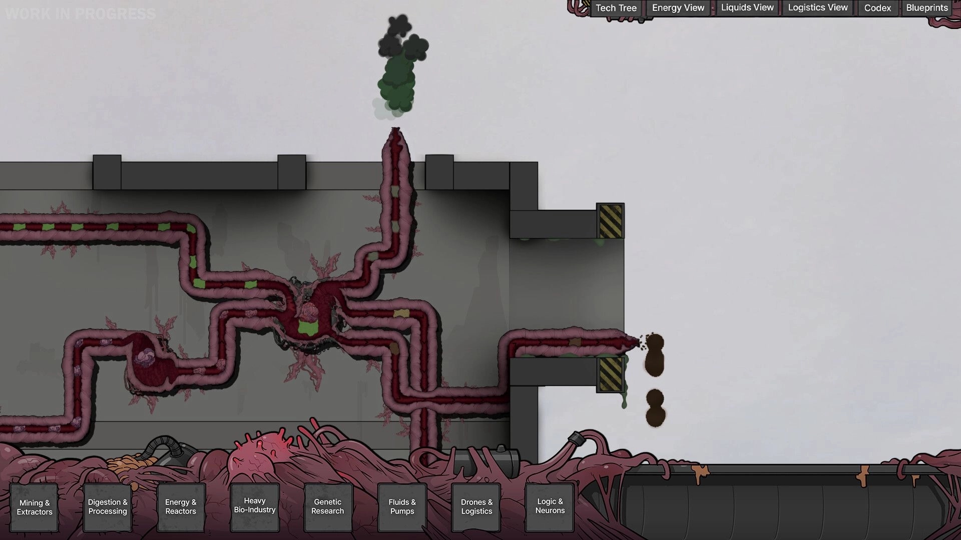 Biofactory: Fleshy pipelines and biomachines with tech menu interface in a grimdark factory setting