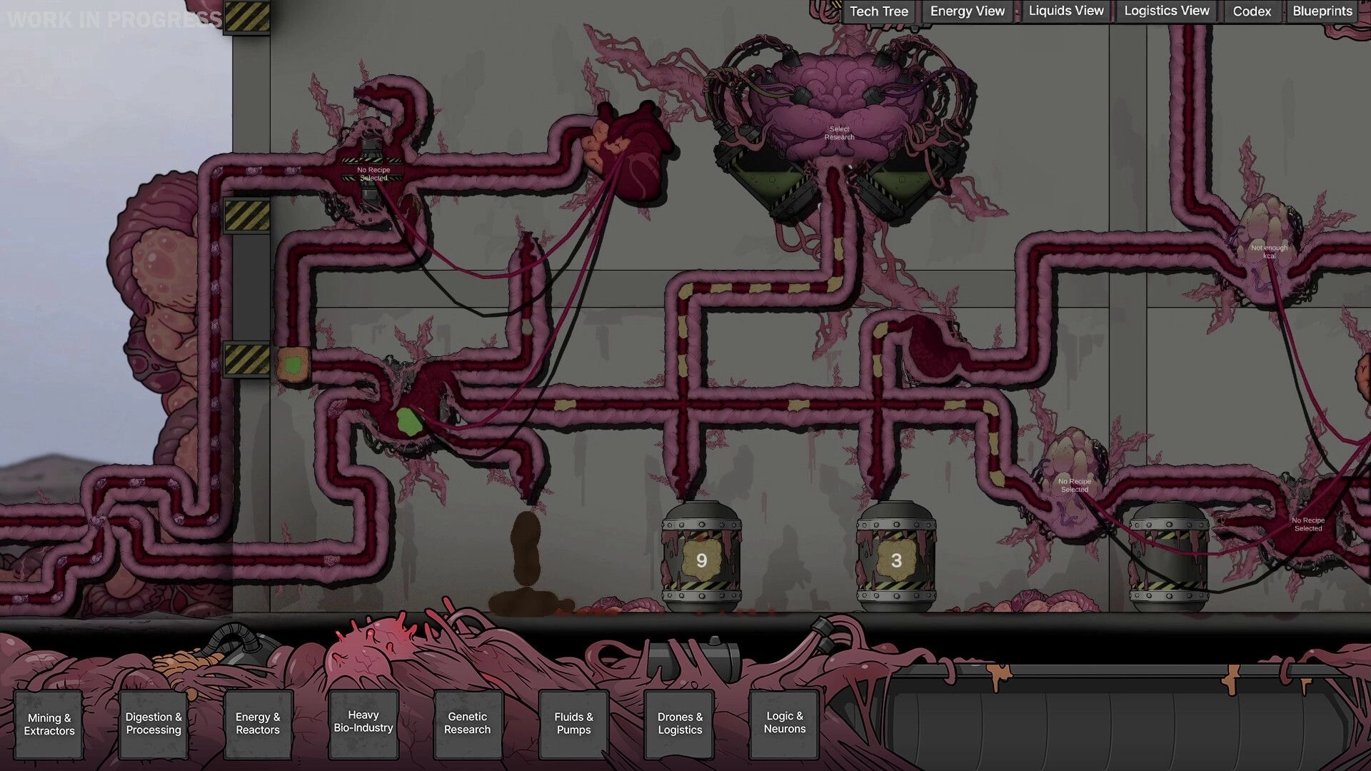 Biofactory: Fleshy pipelines with tanks and control buttons in a grimdark industrial setting