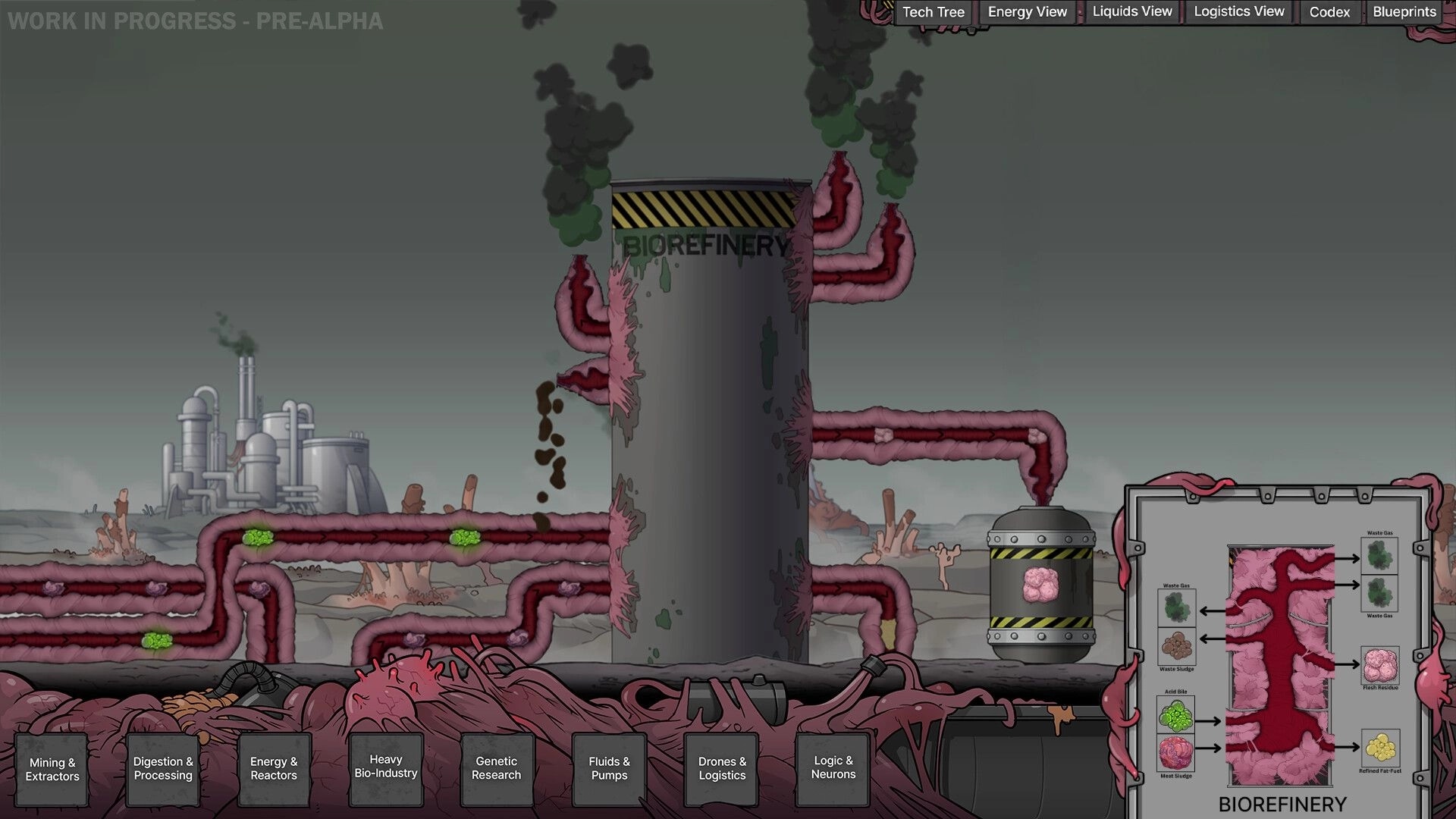 Biofactory: Biorefinery with fleshy pipes and control panel in a grim biopunk industrial landscape