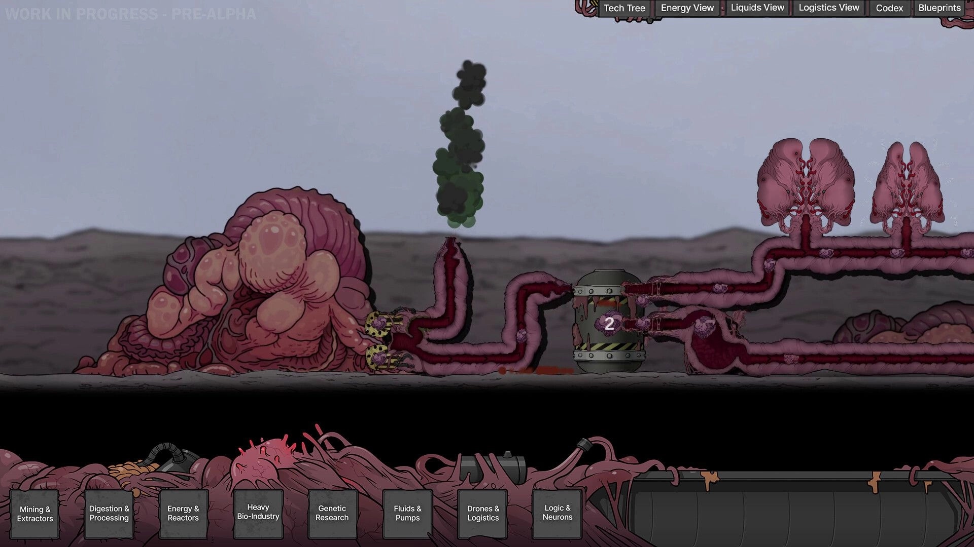 Biofactory: Fleshy biomachines and pipes transport resources in a grimdark landscape with UI options.