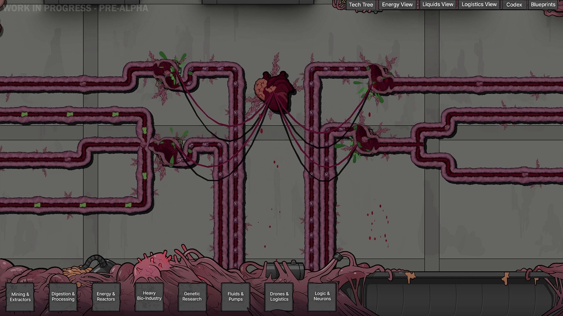 Biofactory: Pulsating organ pipes network with menu options in a grimdark biopunk factory setting