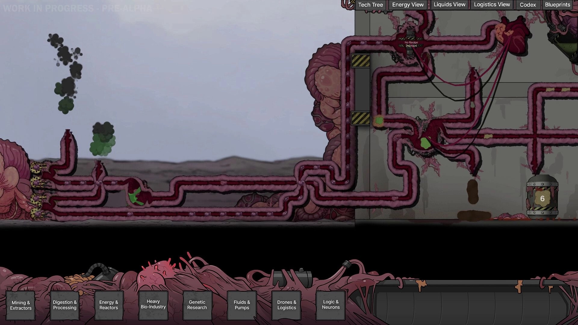Biofactory: Complex network of fleshy tubes and organs with UI buttons in a grim biopunk environment