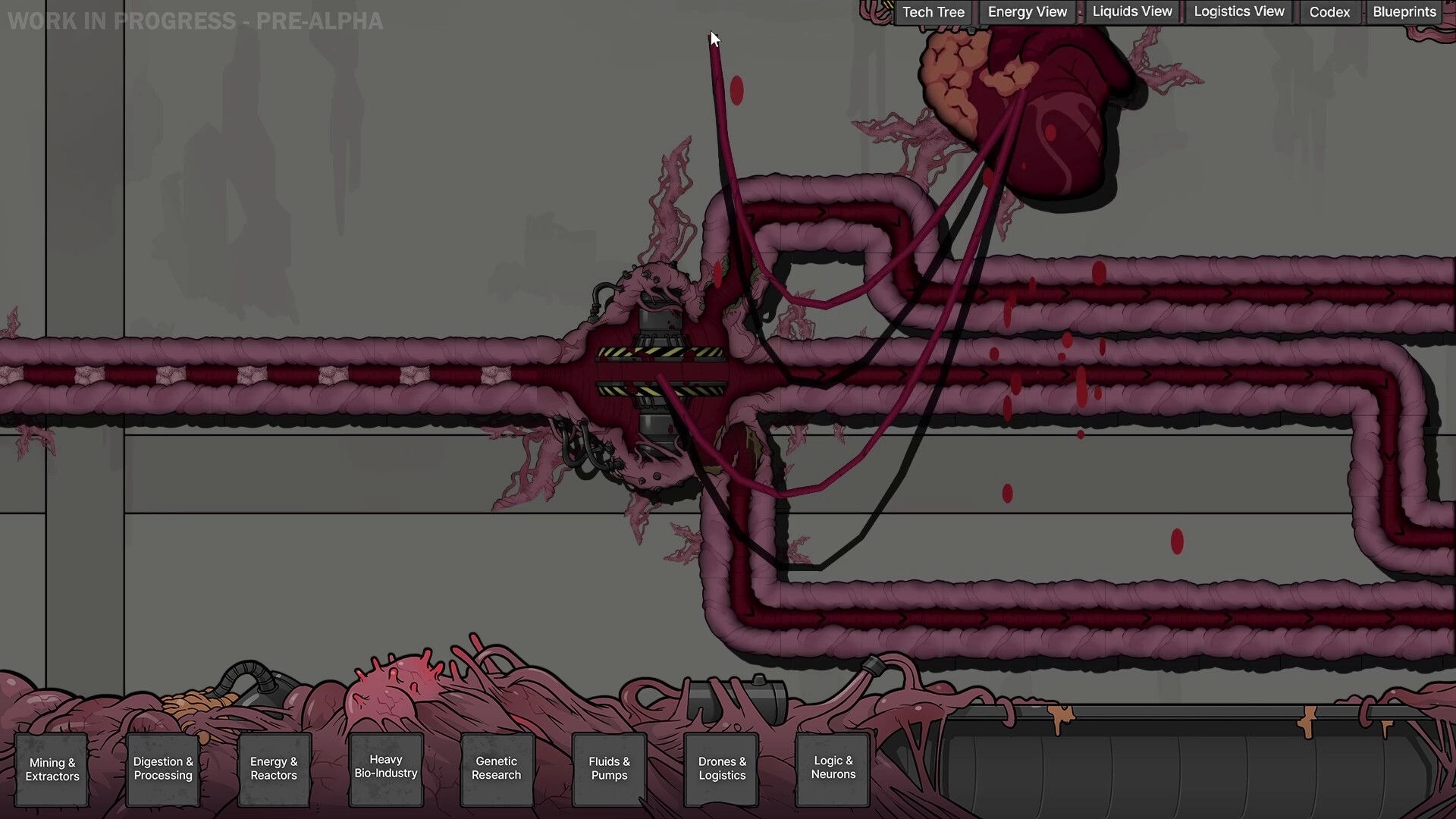 Biofactory: Organic pipelines connect to a pulsating heart with UI options for various biopunk functions.
