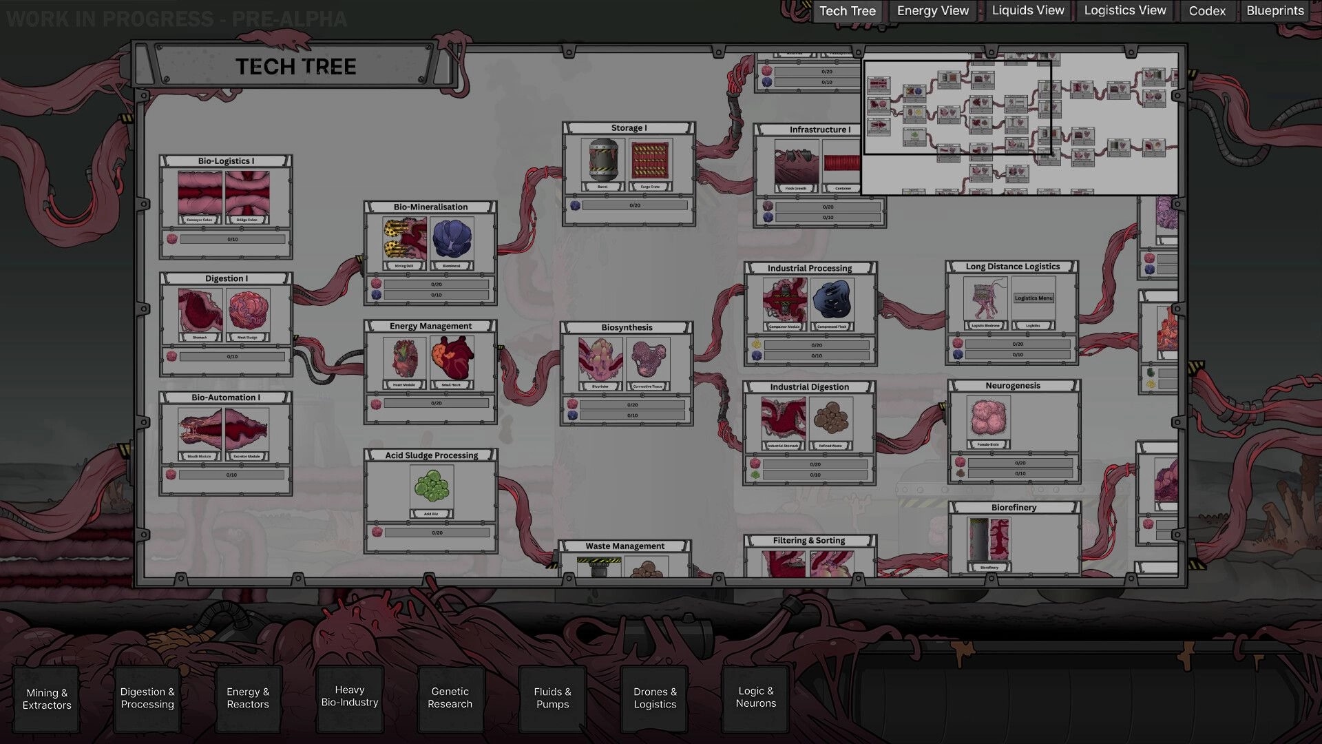 Biofactory: Tech tree interface with fleshy biomachines and various research options in a biopunk lab