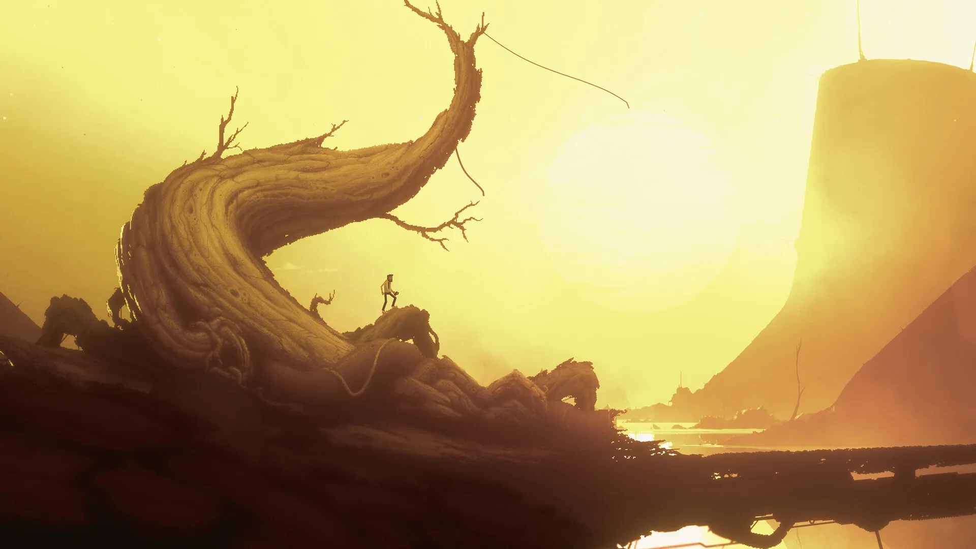 Bionic Bay: Lone scientist stands on twisted tree in a vast, sunlit biomechanical landscape.