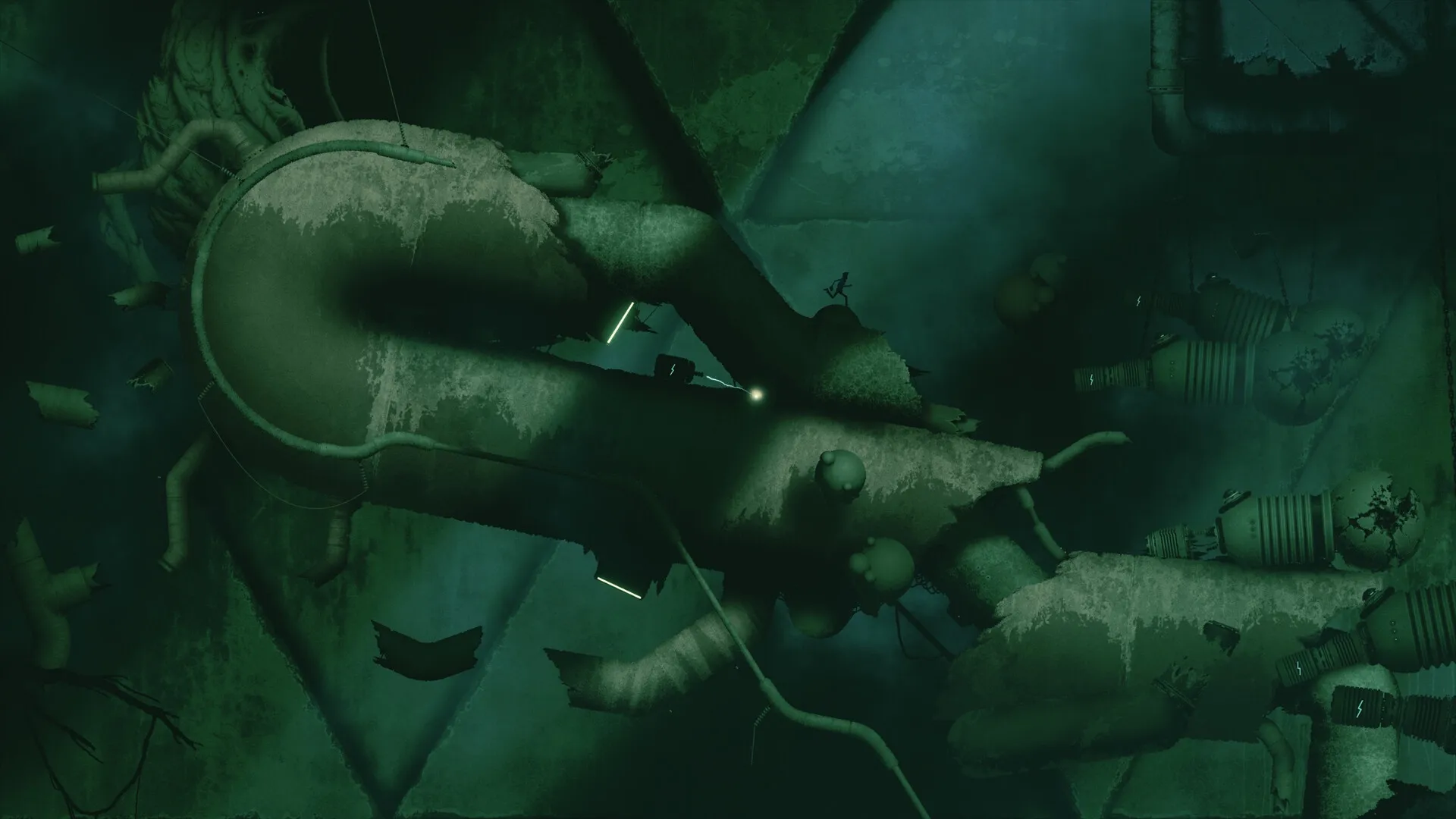Bionic Bay: Scientist navigates through dark biomechanical tunnels with glowing lights and ancient machinery