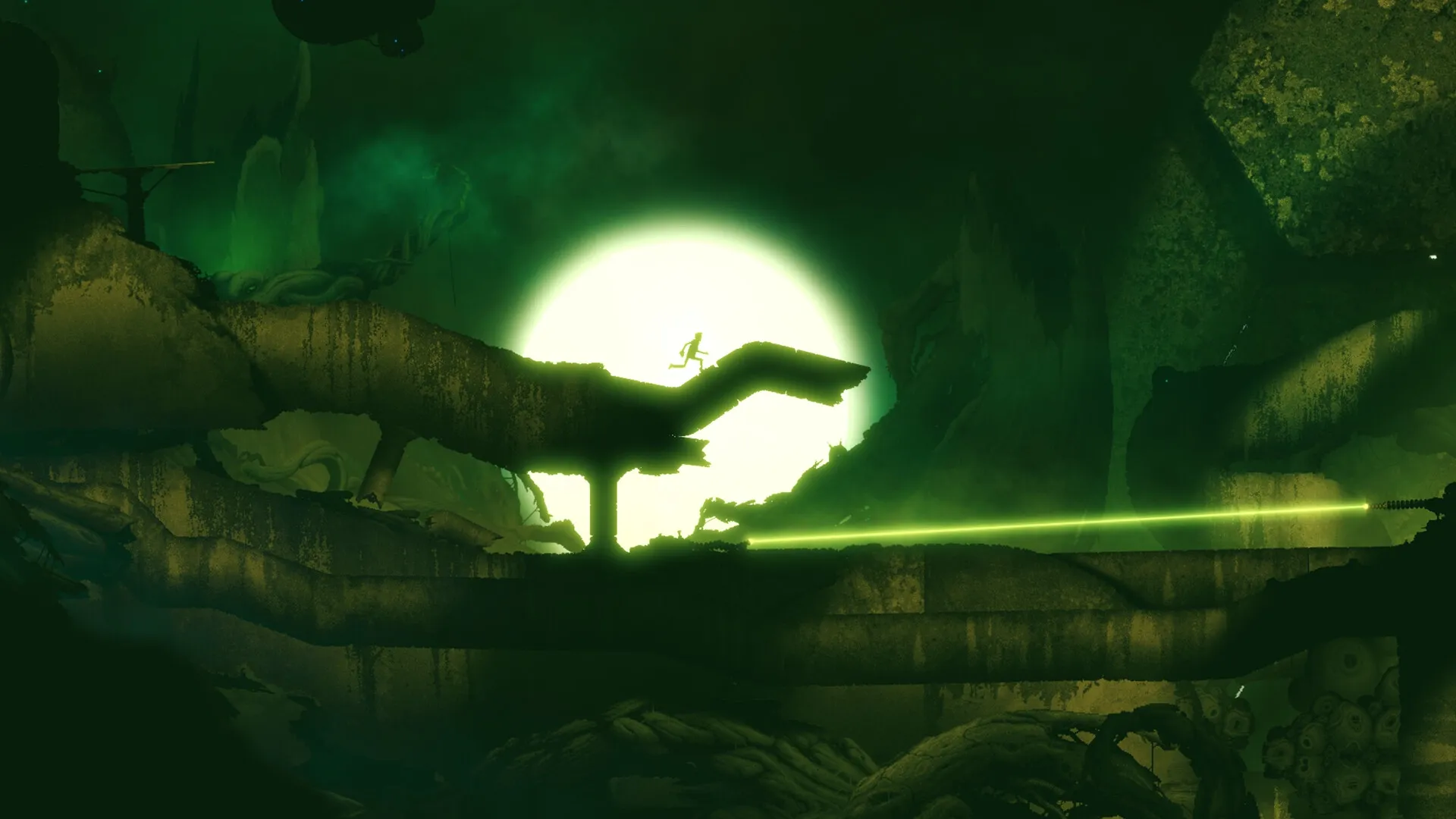 Bionic Bay: Character runs on a decaying biomechanical platform with glowing green light in the background