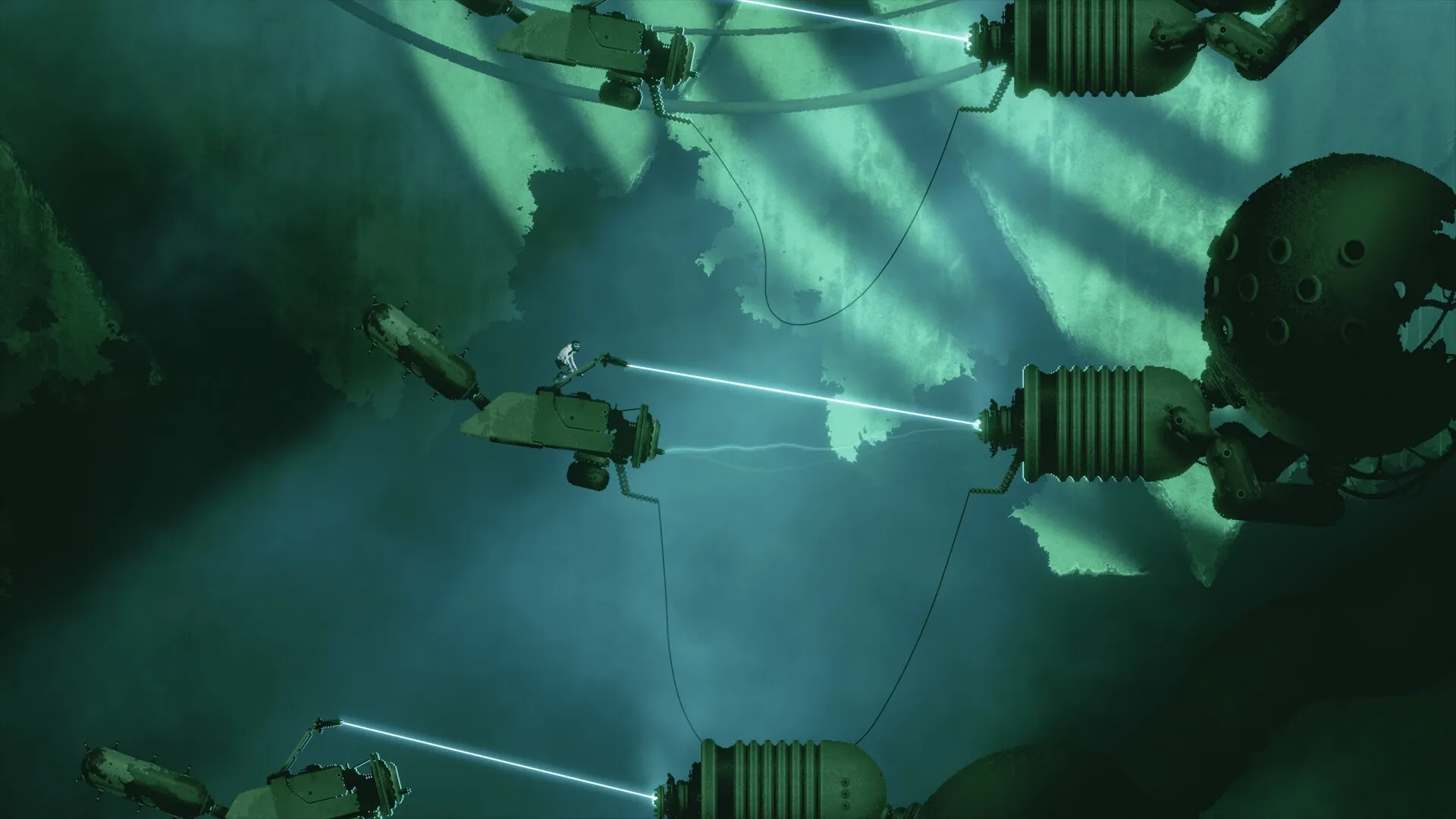 Bionic Bay: Scientist balances on beam between machines in a shadowy biomechanical environment