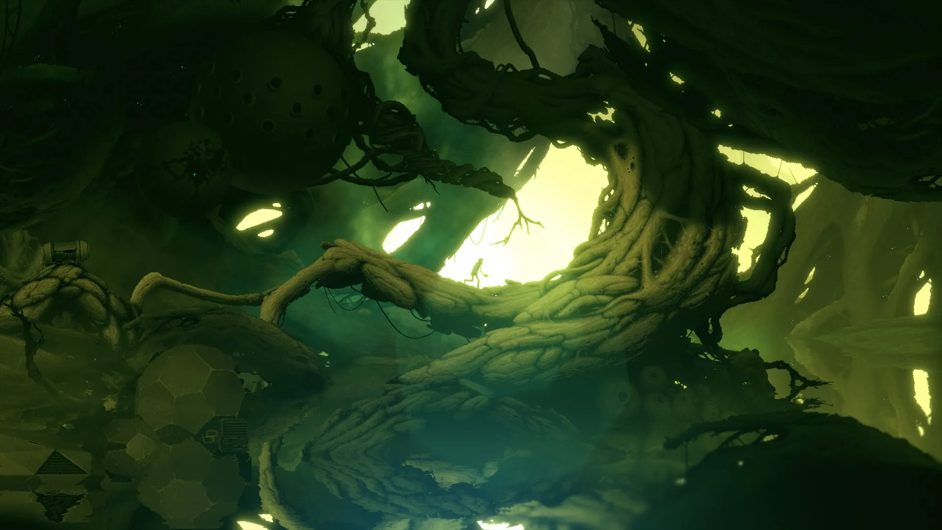 Bionic Bay: Scientist traversing twisted biomechanical tree roots in a dimly lit, mysterious forest.