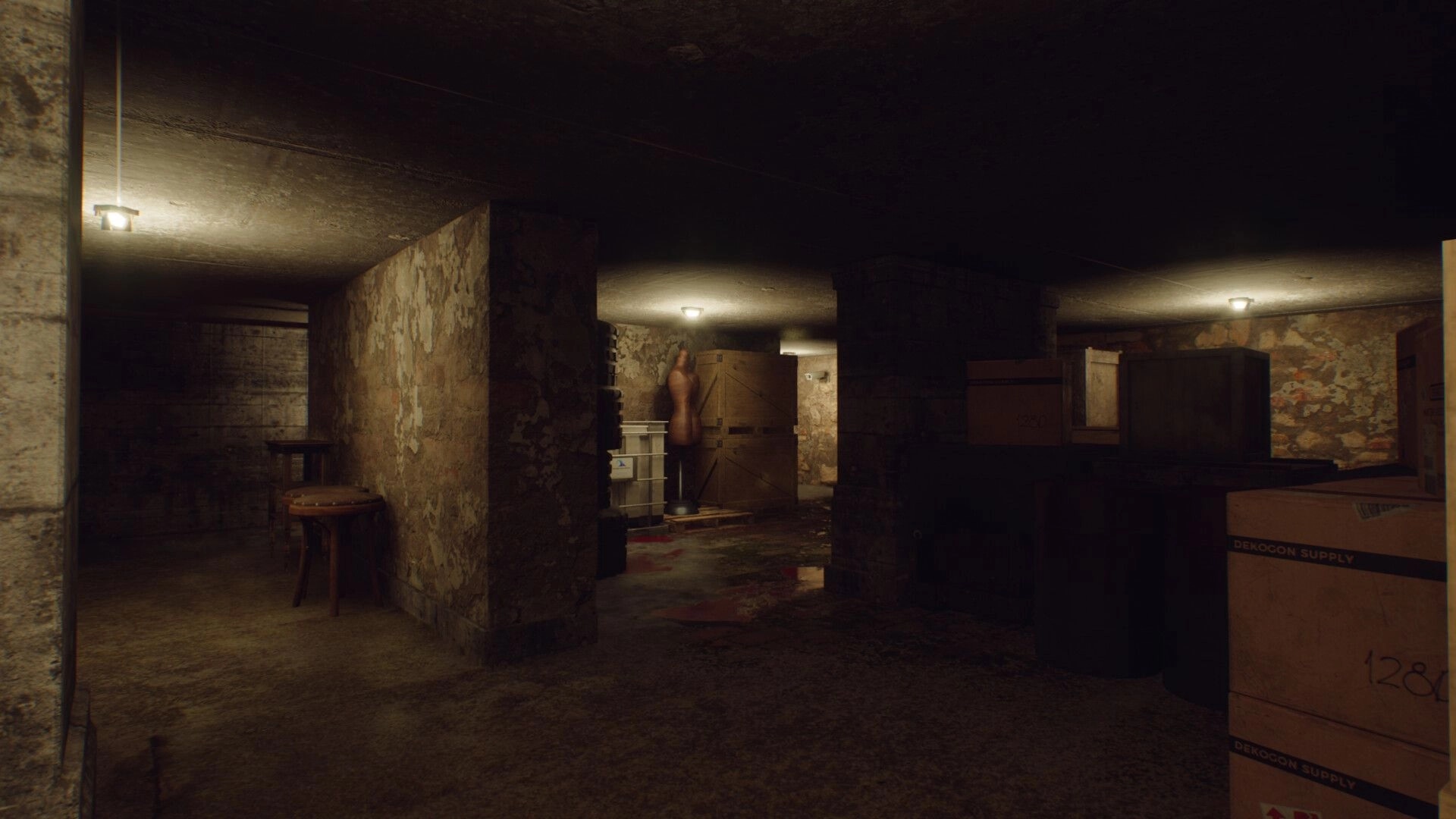 Bionics: Dimly lit basement with scattered crates and a mannequin amidst concrete walls