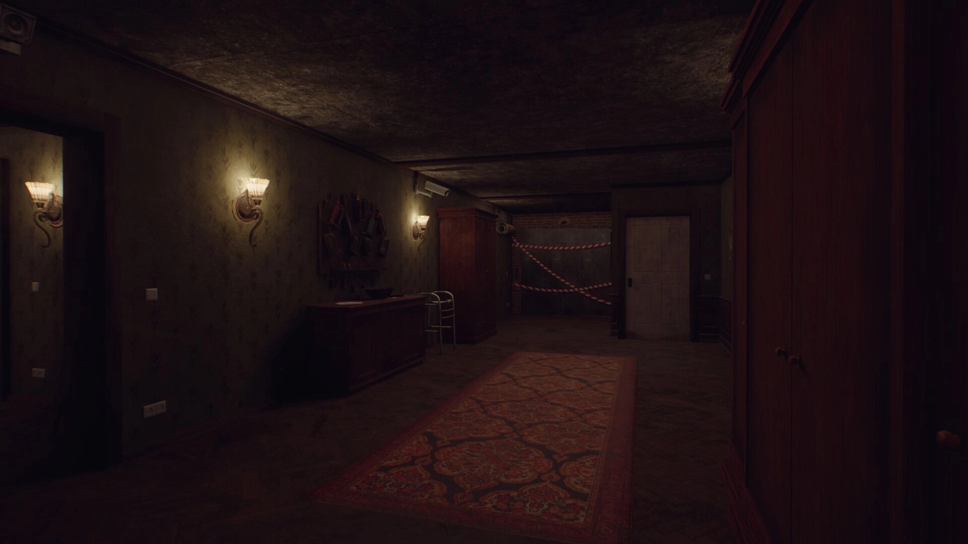 Bionics: Dimly lit hallway with red tape blocking door, ornate carpet, and vintage wall lamps