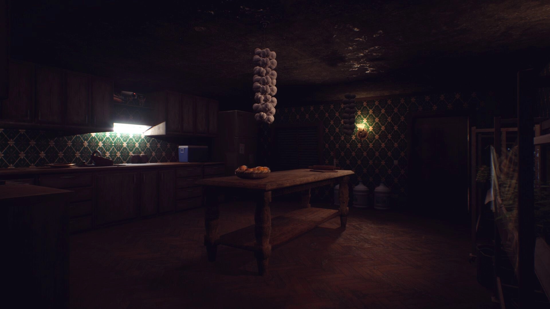 Bionics: Dimly lit kitchen with garlic strings, wooden table, and eerie green wallpaper ambiance