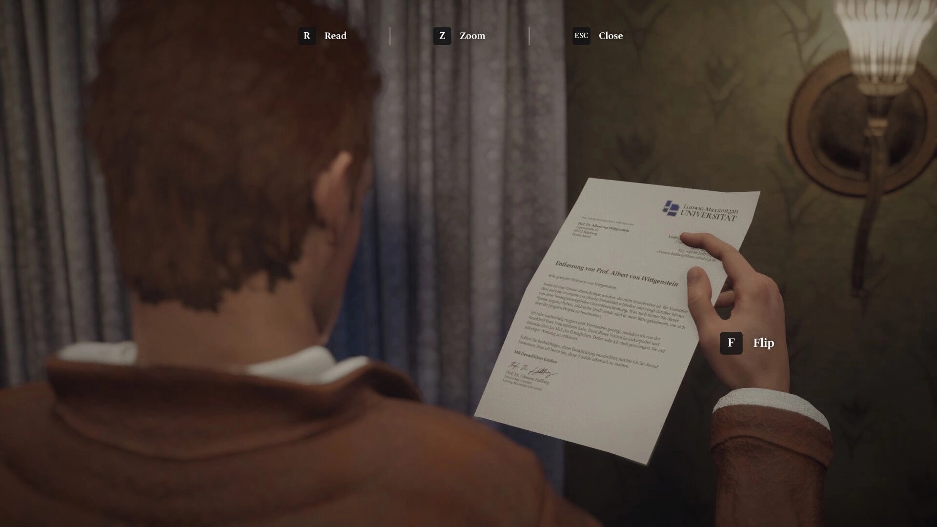 Bionics: Jonas examines a letter in a dimly lit room, with controls for reading and flipping documents.