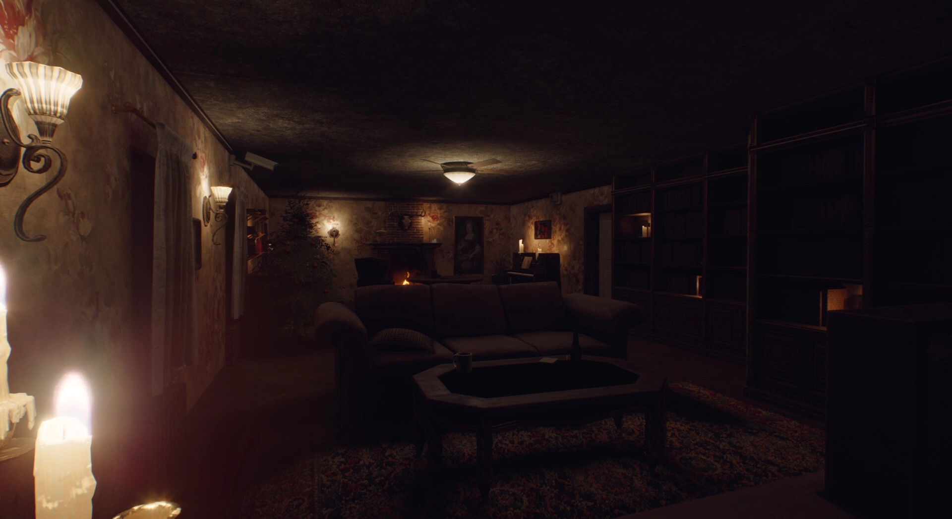 Bionics: Dimly lit living room with a couch, bookshelves, candles, and a fireplace in a dark mansion