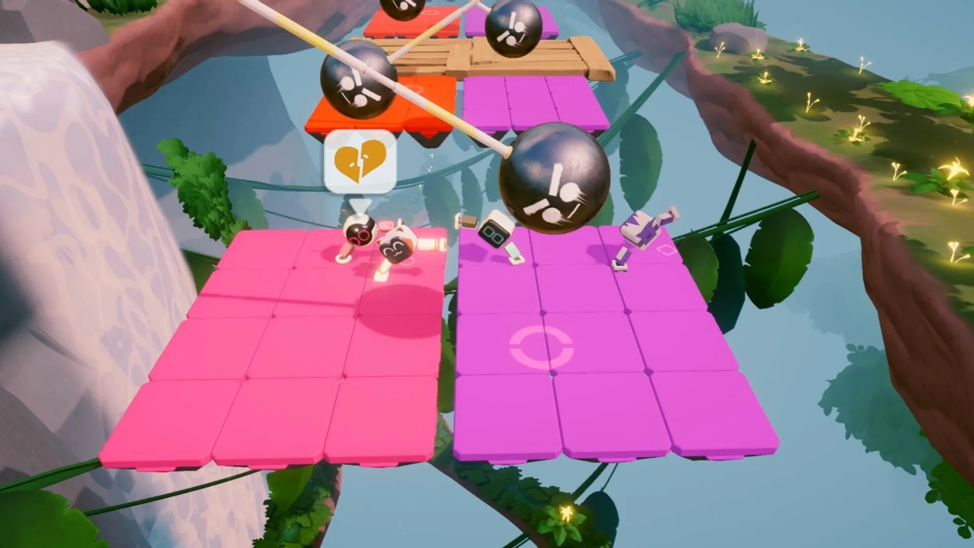 Biped 2: Characters navigating colorful platforms with swinging balls in a floating jungle environment