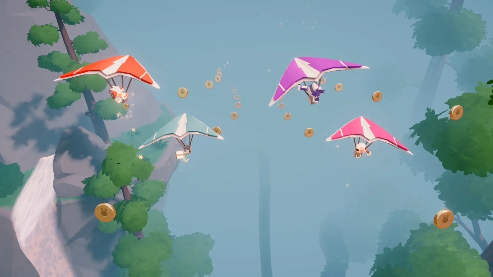 Biped 2: Characters hang gliding through forest collecting coins above a lush, misty landscape