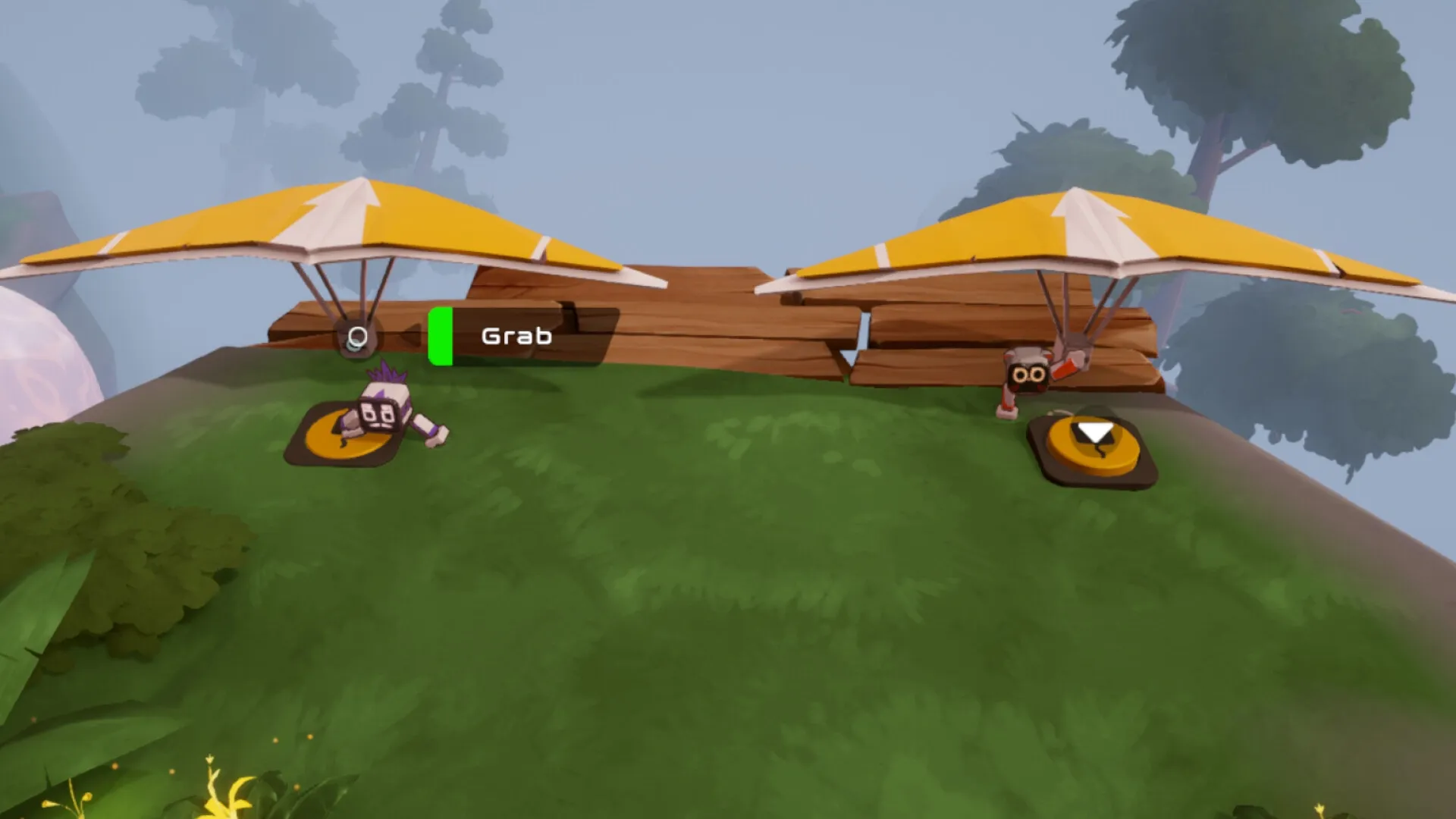 Biped 2: Two robots preparing to grab hang gliders on a grassy platform with a wooden fence backdrop