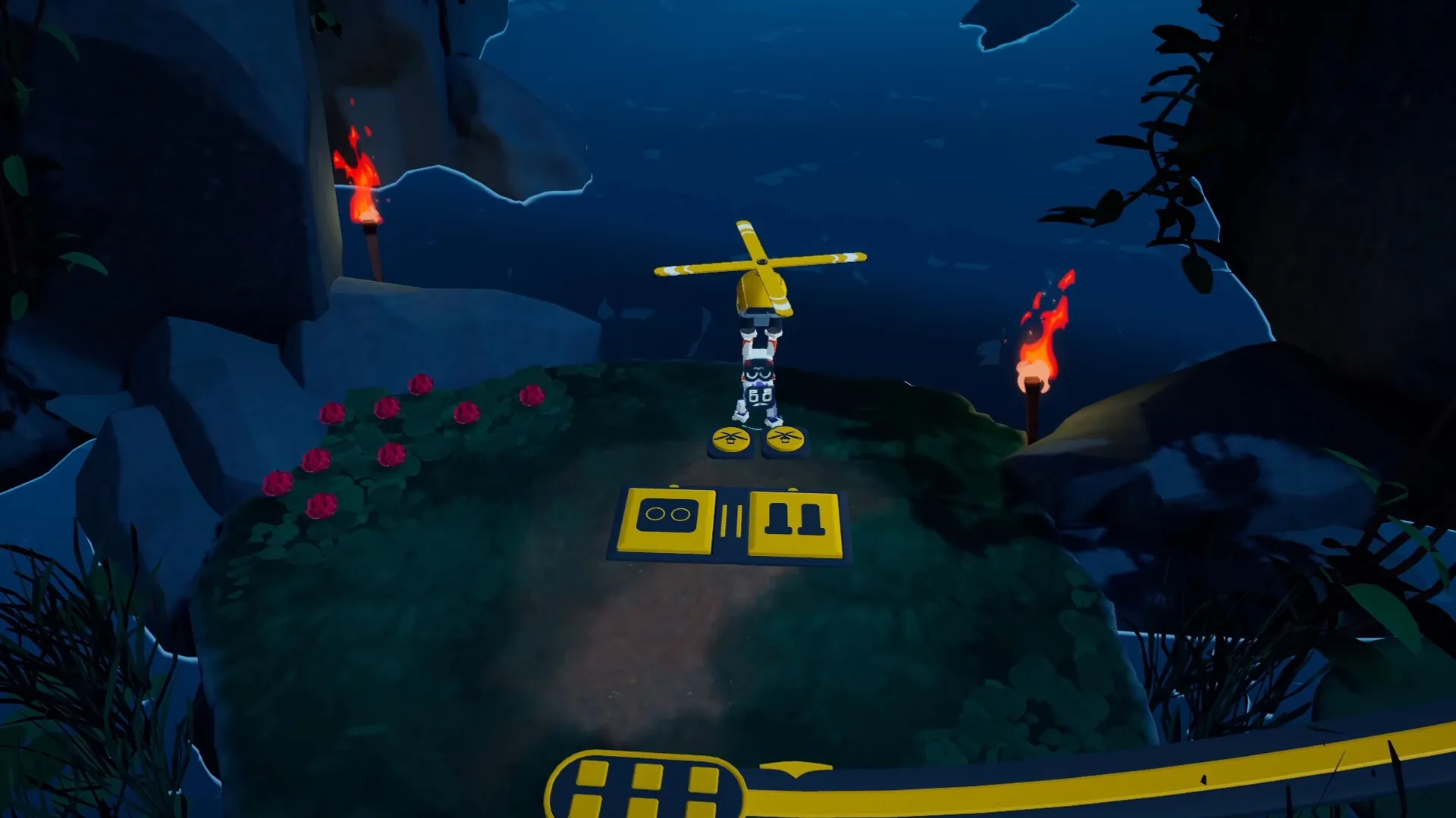 Biped 2: Character standing on platform near torch-lit cliffside with control buttons visible