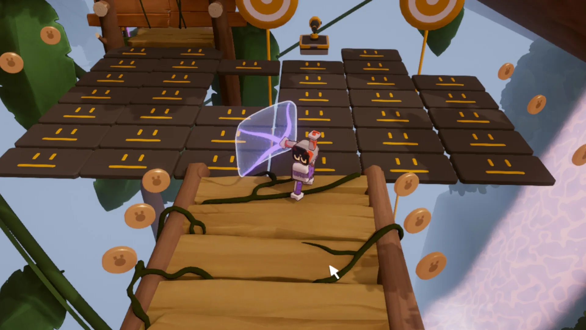 Biped 2: Character holds glowing net on bridge with patterned tiles in a floating platform environment
