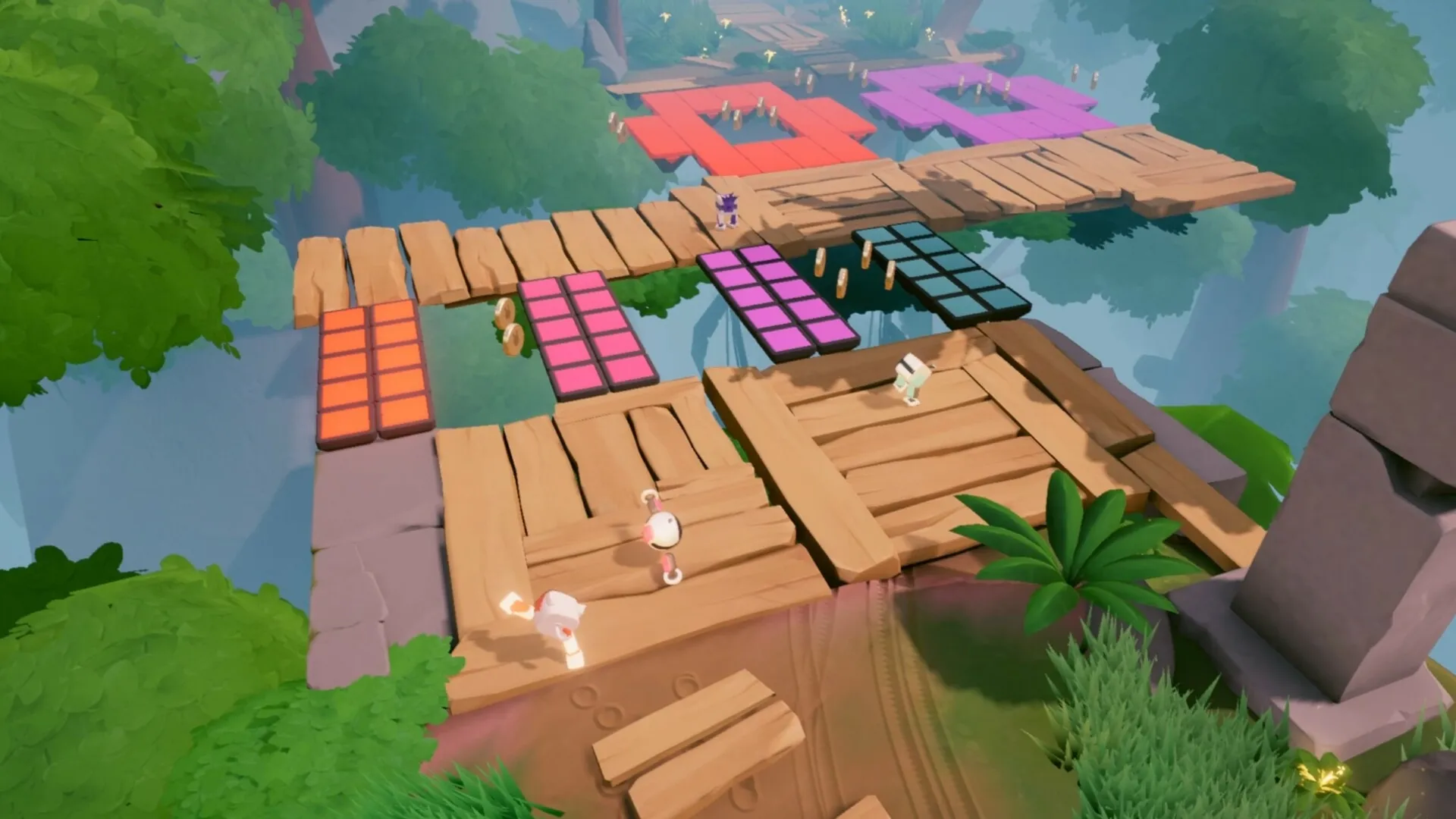 Biped 2: Characters navigate colorful platforms collecting coins in a lush, treetop environment.