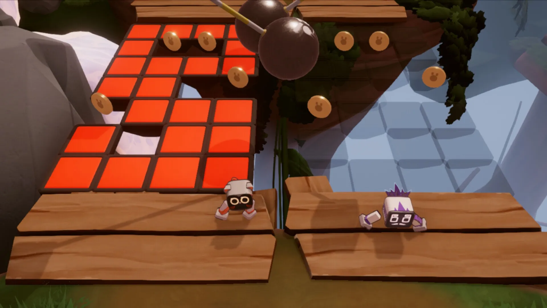 Biped 2: Two robots navigate puzzle platform with red tiles and swinging obstacles in forest setting