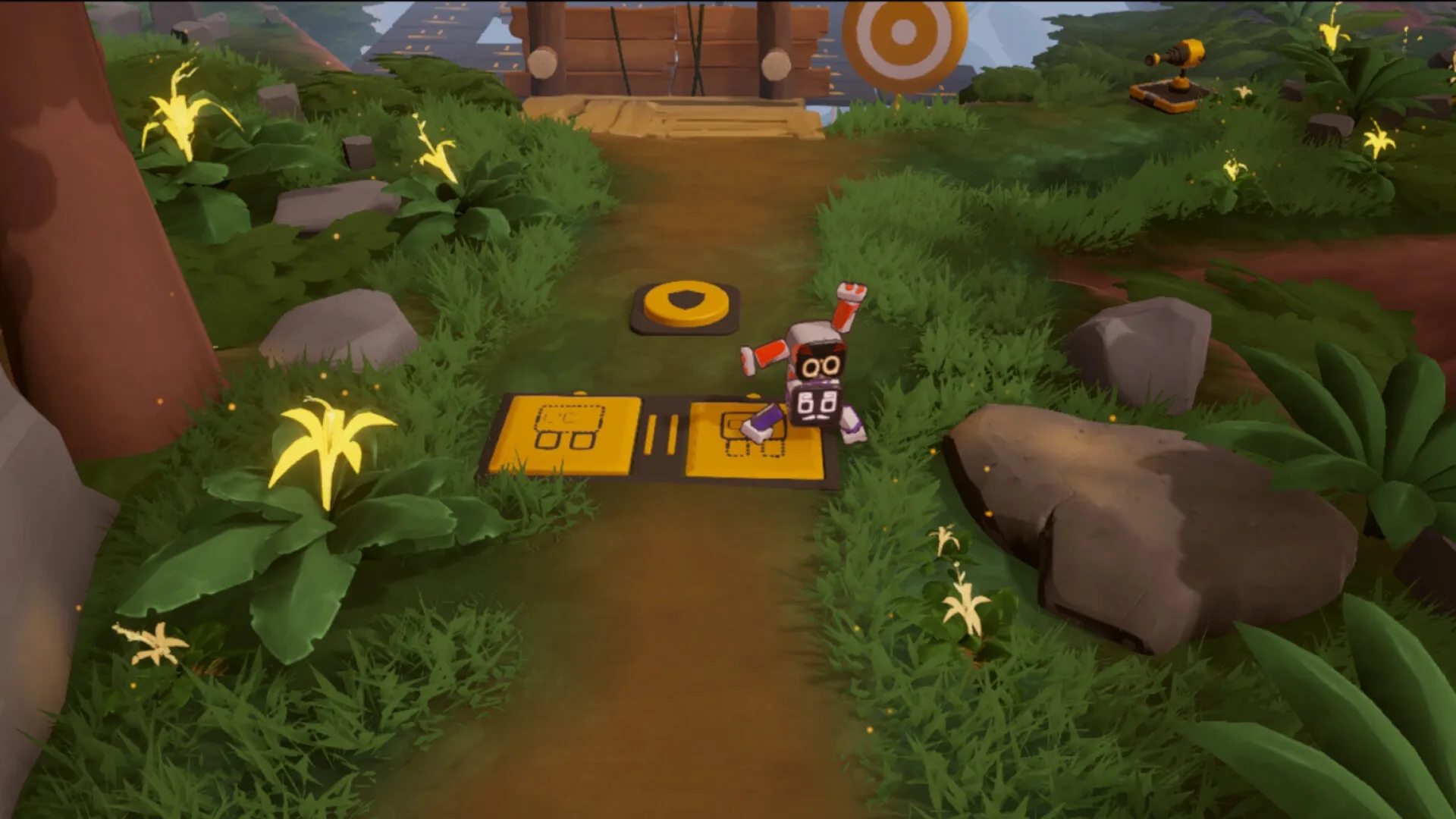 Biped 2: Robot character interacts with puzzle panels on a grassy path near a wooden bridge and target.