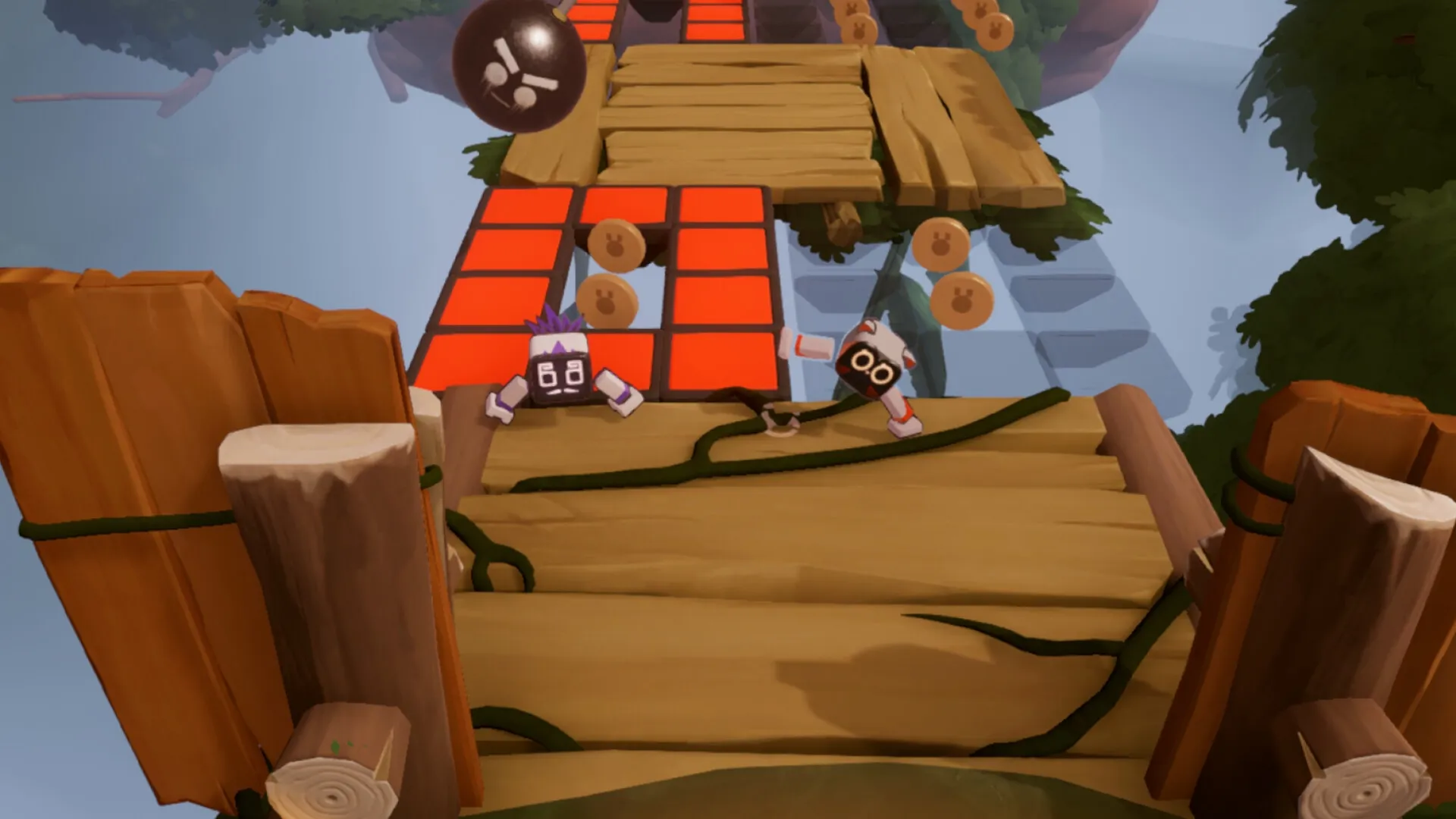 Biped 2: Two robots navigate a wooden bridge with red tiles and falling coins in a forest environment.