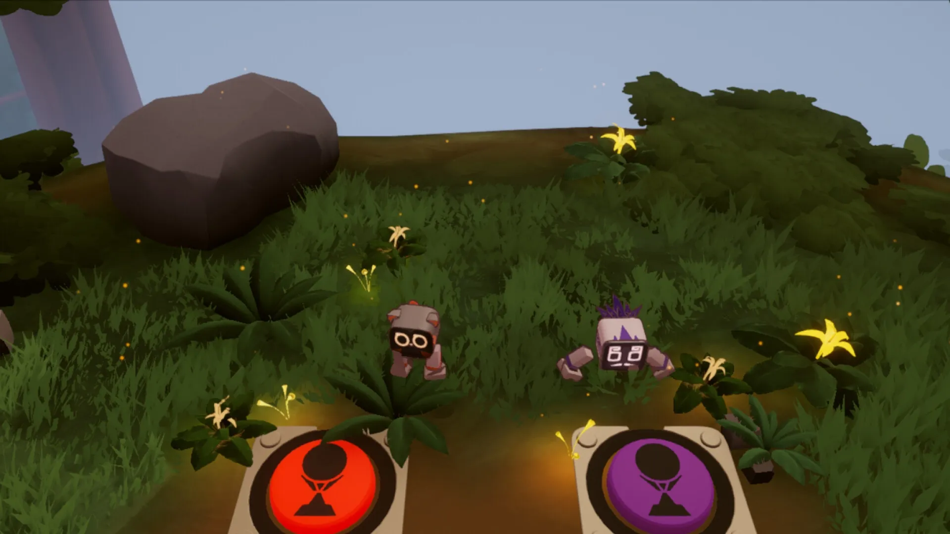 Biped 2: Two robot characters stand on colored buttons in a lush, grassy environment with flowers.