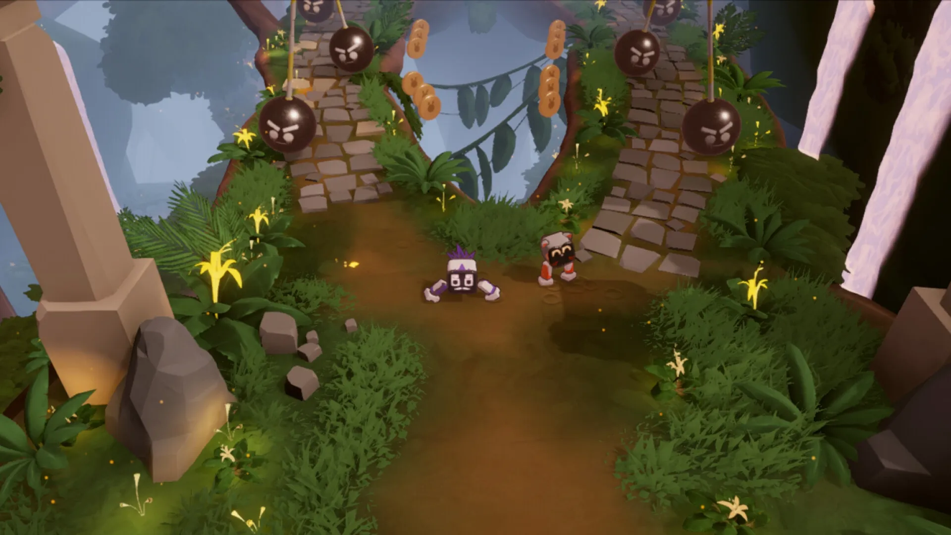 Biped 2: Two robots navigate a grassy path with suspended swinging obstacles in a lush forest setting.