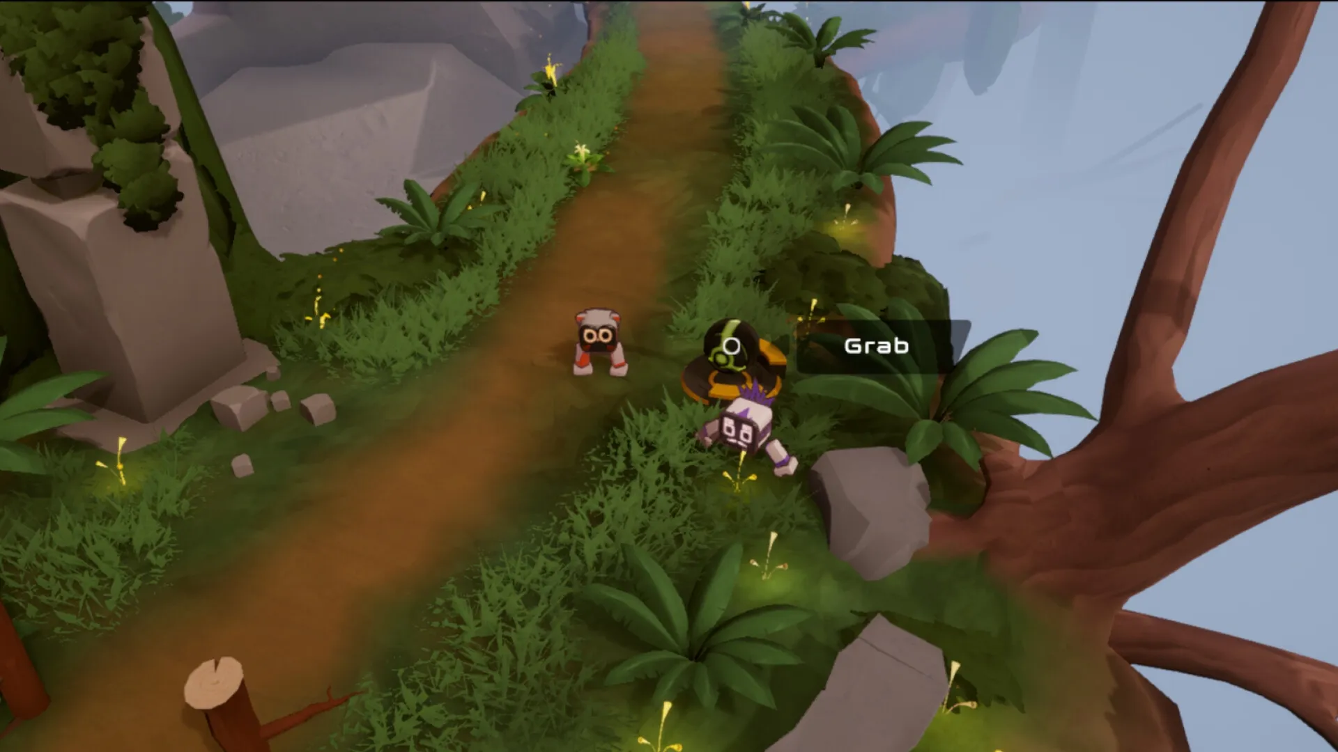 Biped 2: Two robots collaborate on a lush path with a "Grab" action prompt visible in the forest environment.