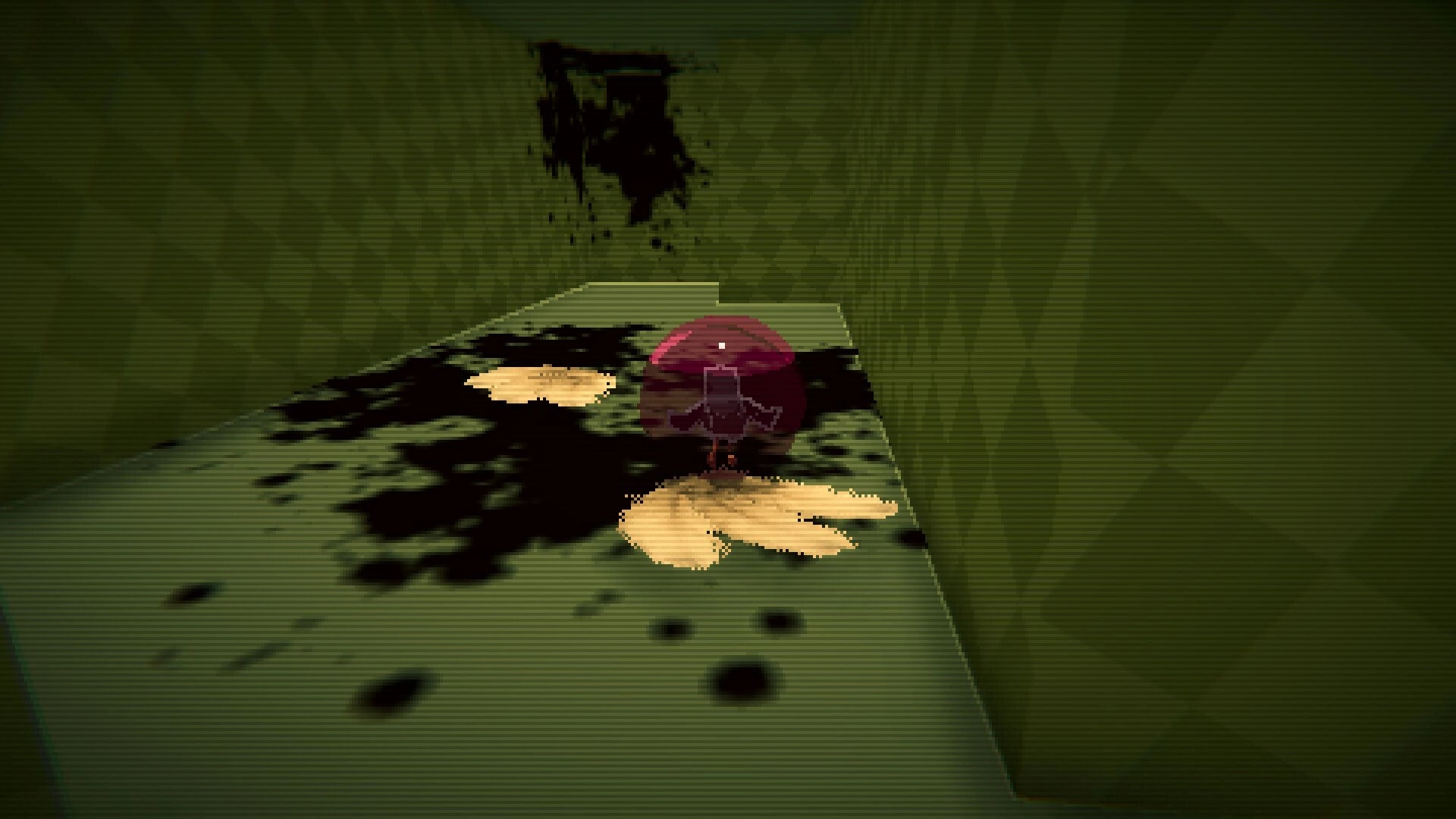 Bird Roll 64: Red rolling ball with bird silhouette on stained walkway in green foggy corridor.