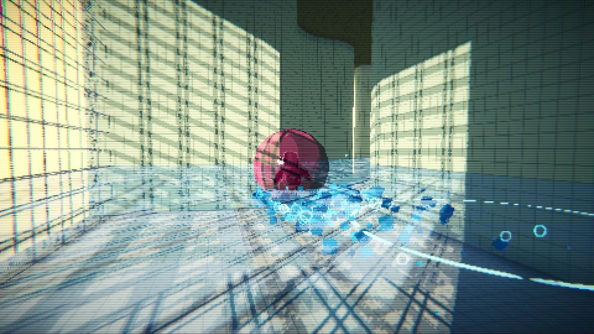 Bird Roll 64: Pink ball rolls through shallow water in tiled corridor with harsh window shadows and scanlines.