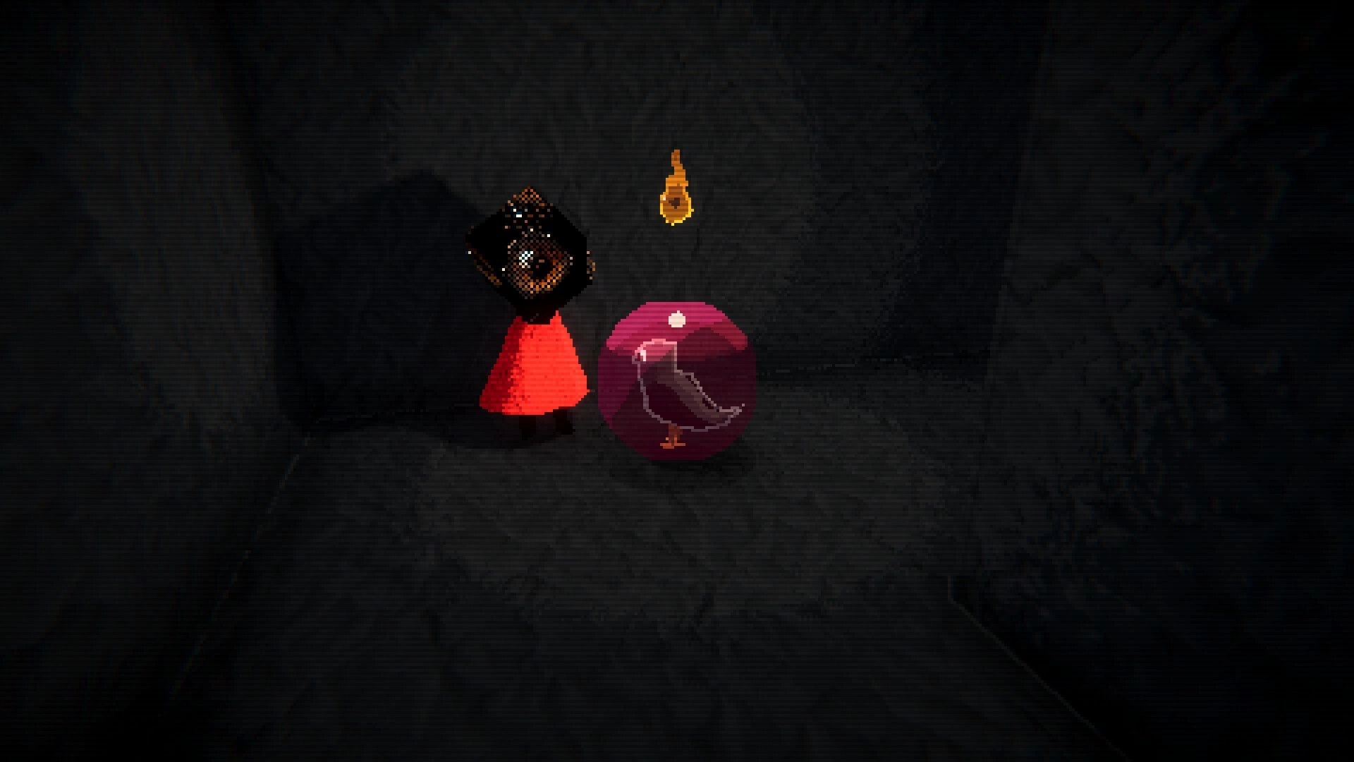 Bird Roll 64: Purple bird-marked ball beside robed figure and floating flame in dark stone cave chamber.