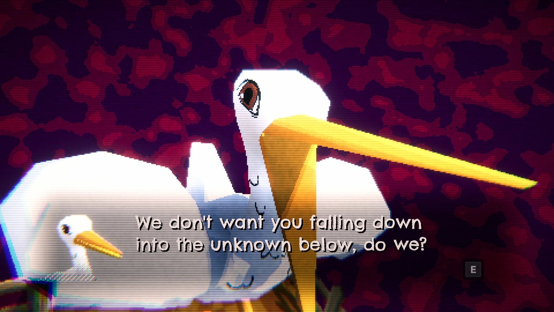 Bird Roll 64: Giant stork looms over a bird, dialogue text and E prompt on red void backdrop.