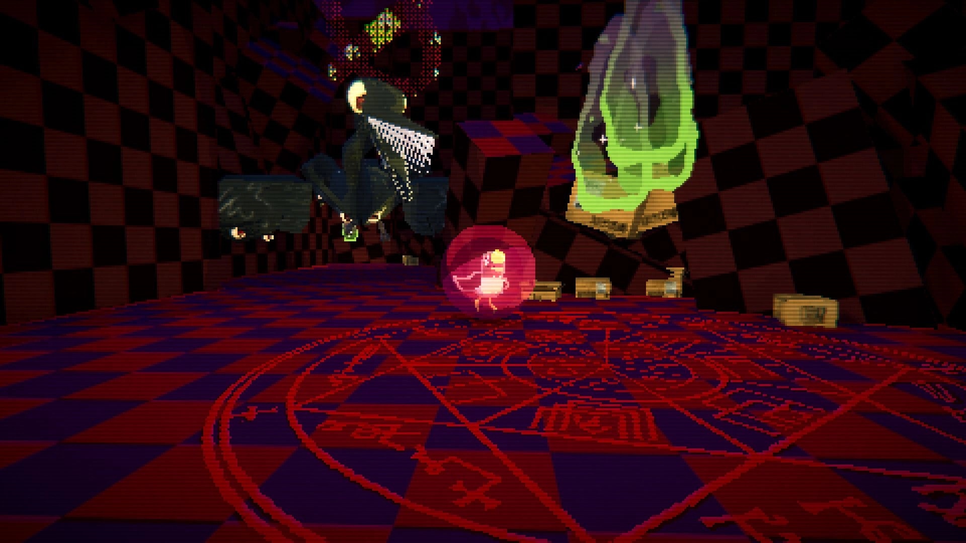 Bird Roll 64: Bird in a red rolling ball dodges a looming monster in a dark checkered room with sigils.