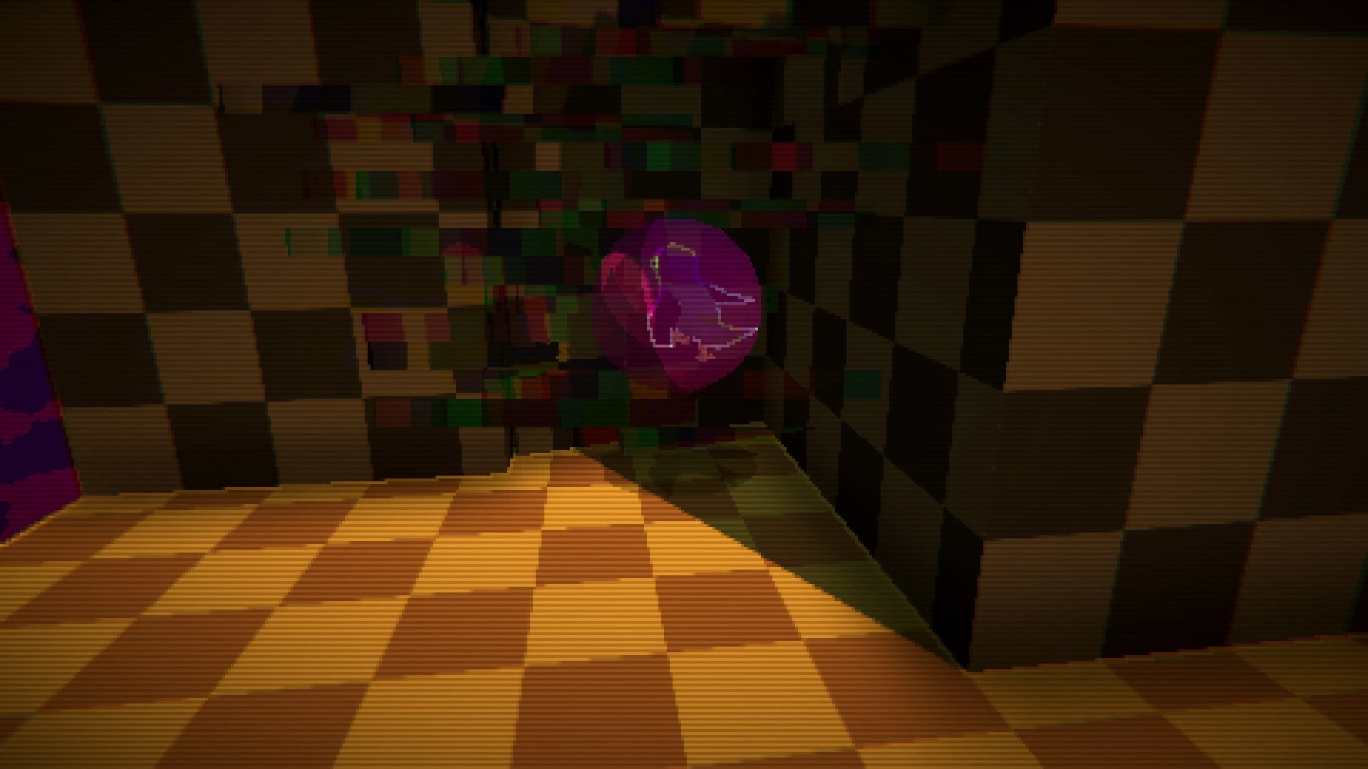 Bird Roll 64: Purple bird ball rolls toward a pixelated wall in a dim checkered corridor room.