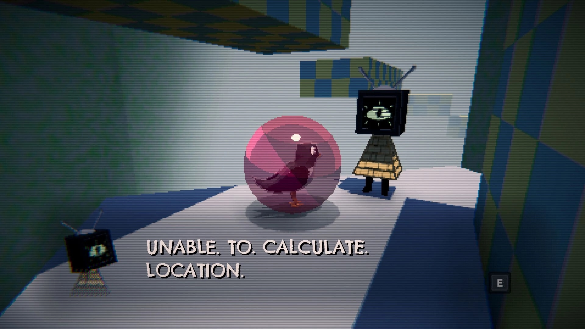 Bird Roll 64: Bird trapped in pink rolling ball near TV-headed NPC in tiled room, text warning below.