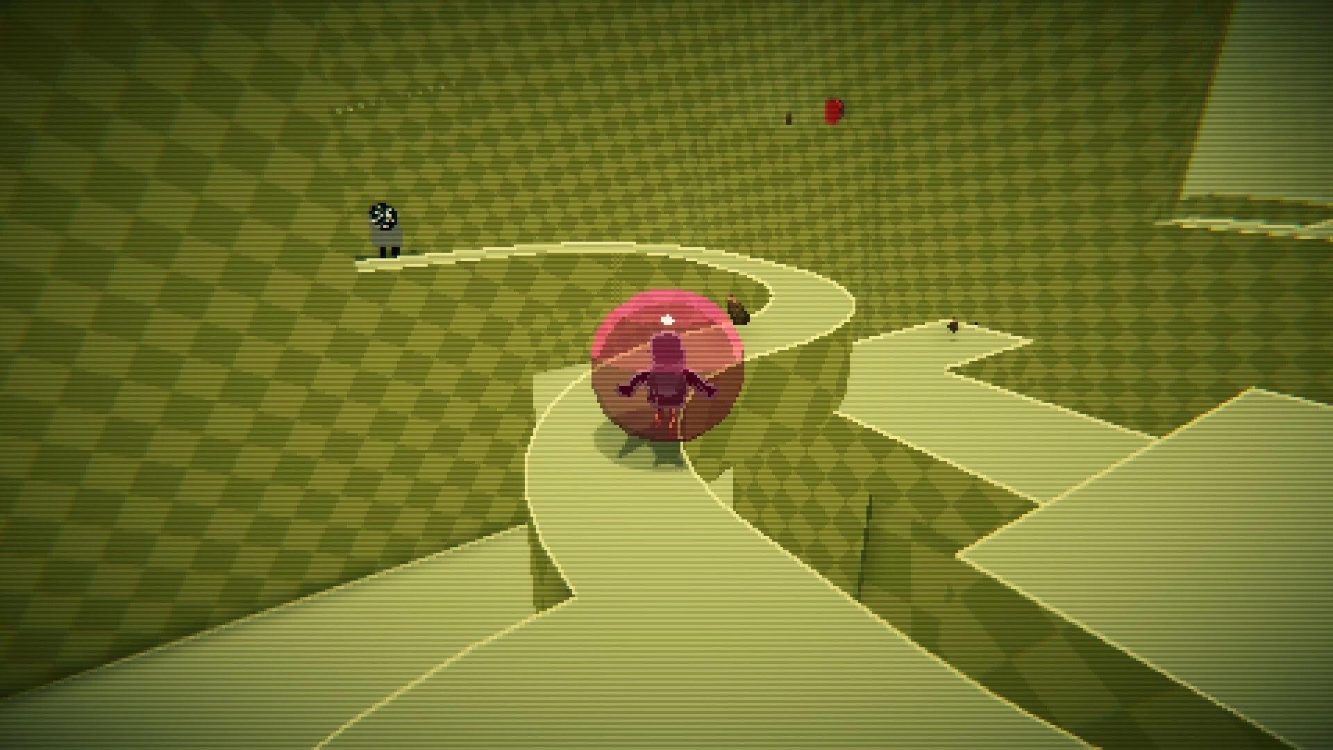 Bird Roll 64: Bird avatar rolls in a pink bubble down a winding platform over a green void stage.