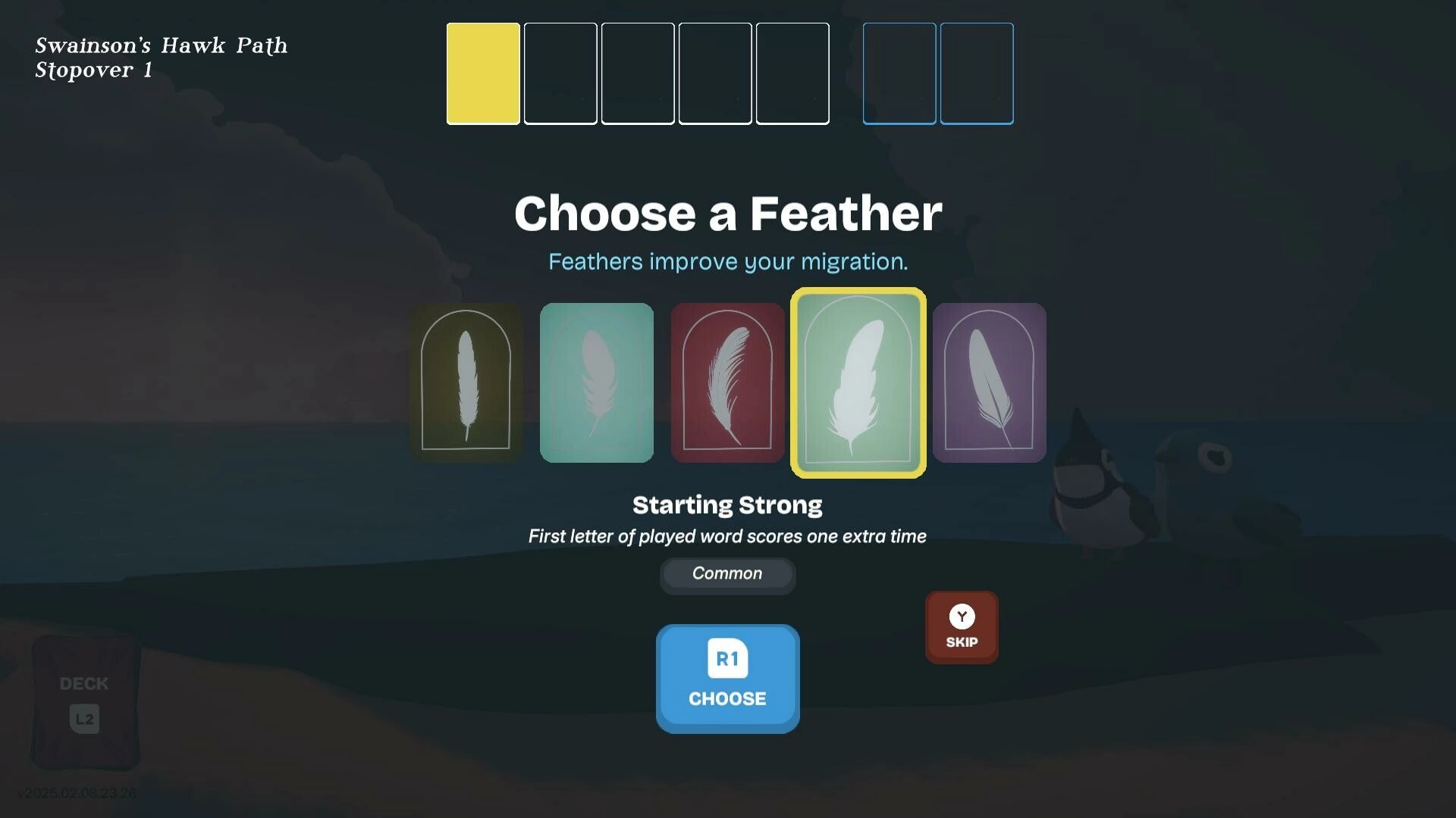 Birdigo: Select a feather to enhance migration skills with birds visible in the background at stopover.