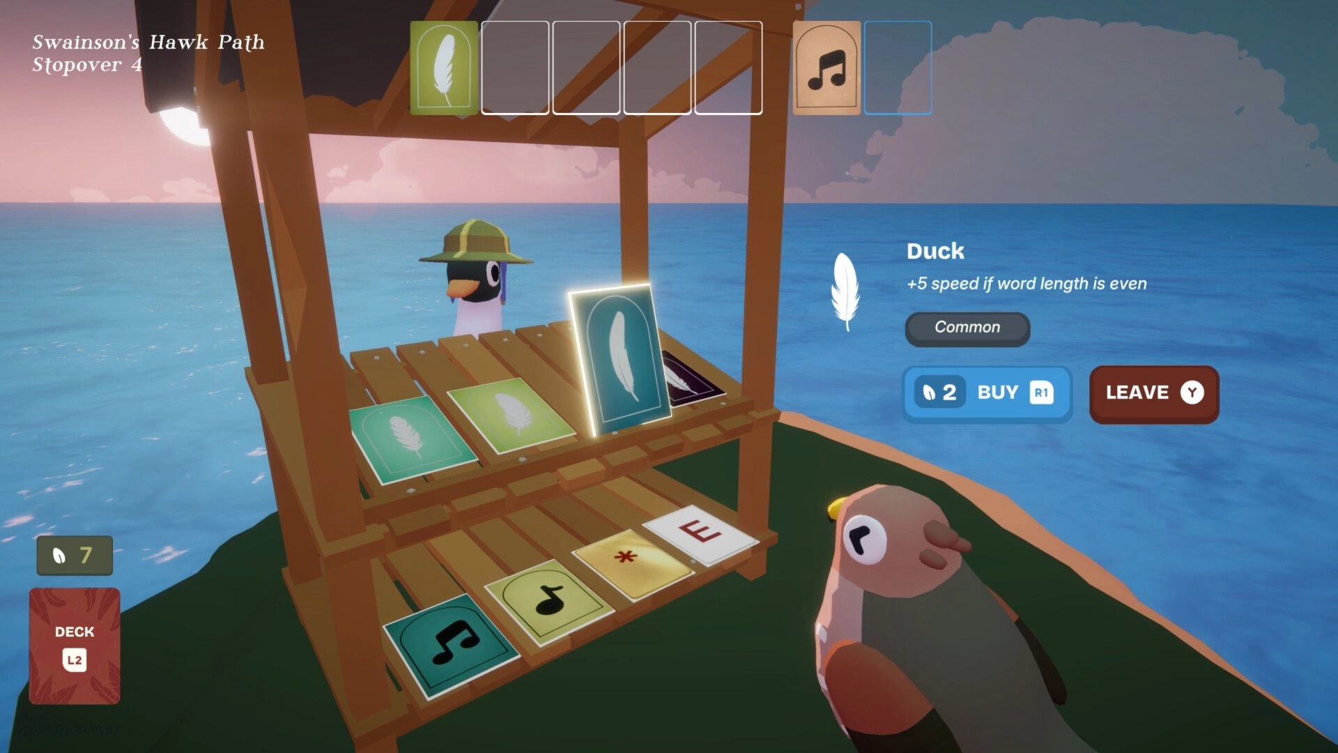 Birdigo: Bird character at card shop on ocean cliff with inventory and purchase options displayed