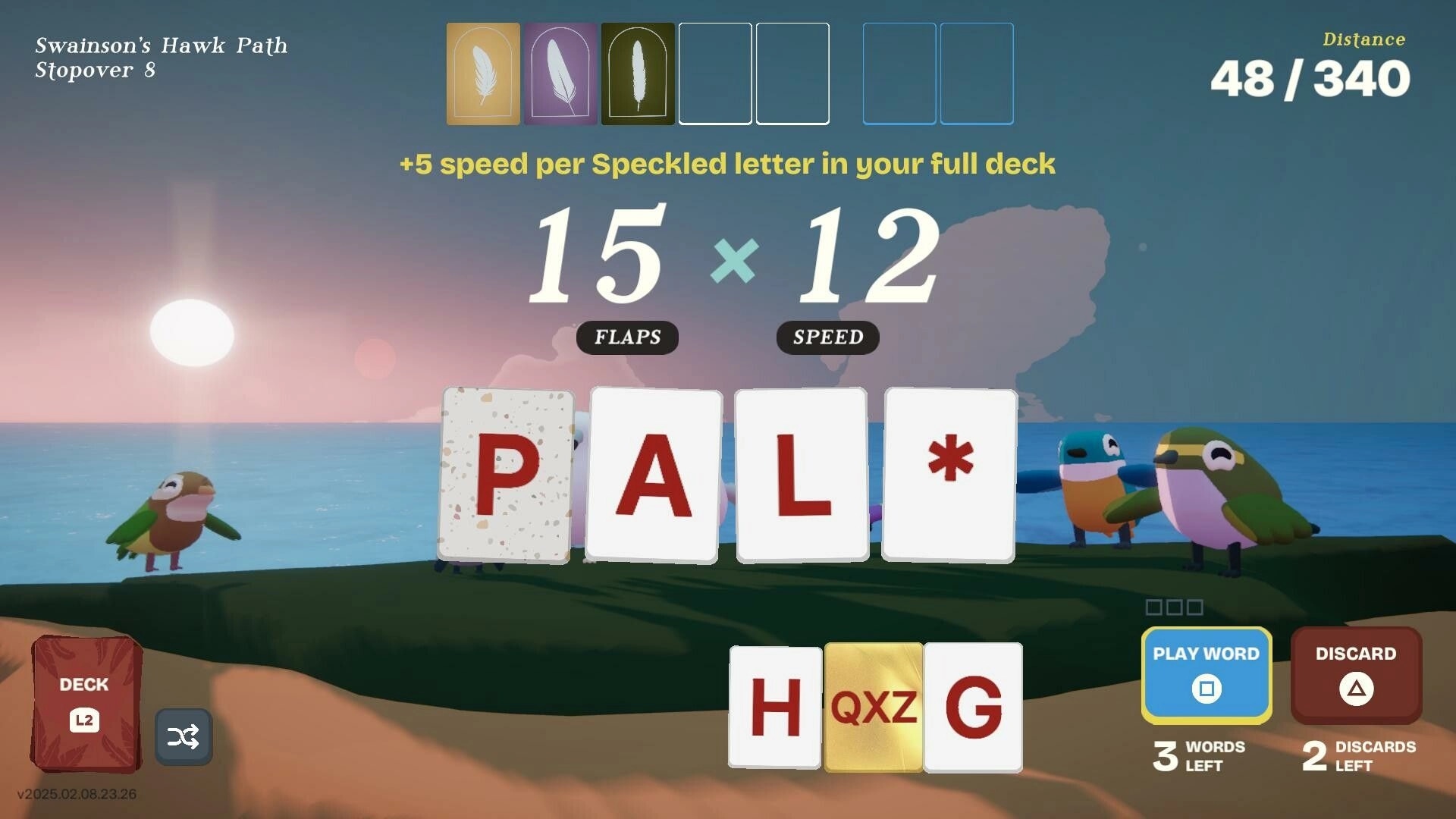 Birdigo: Word-building gameplay on a coastal path with cards and birds by the ocean at sunset.