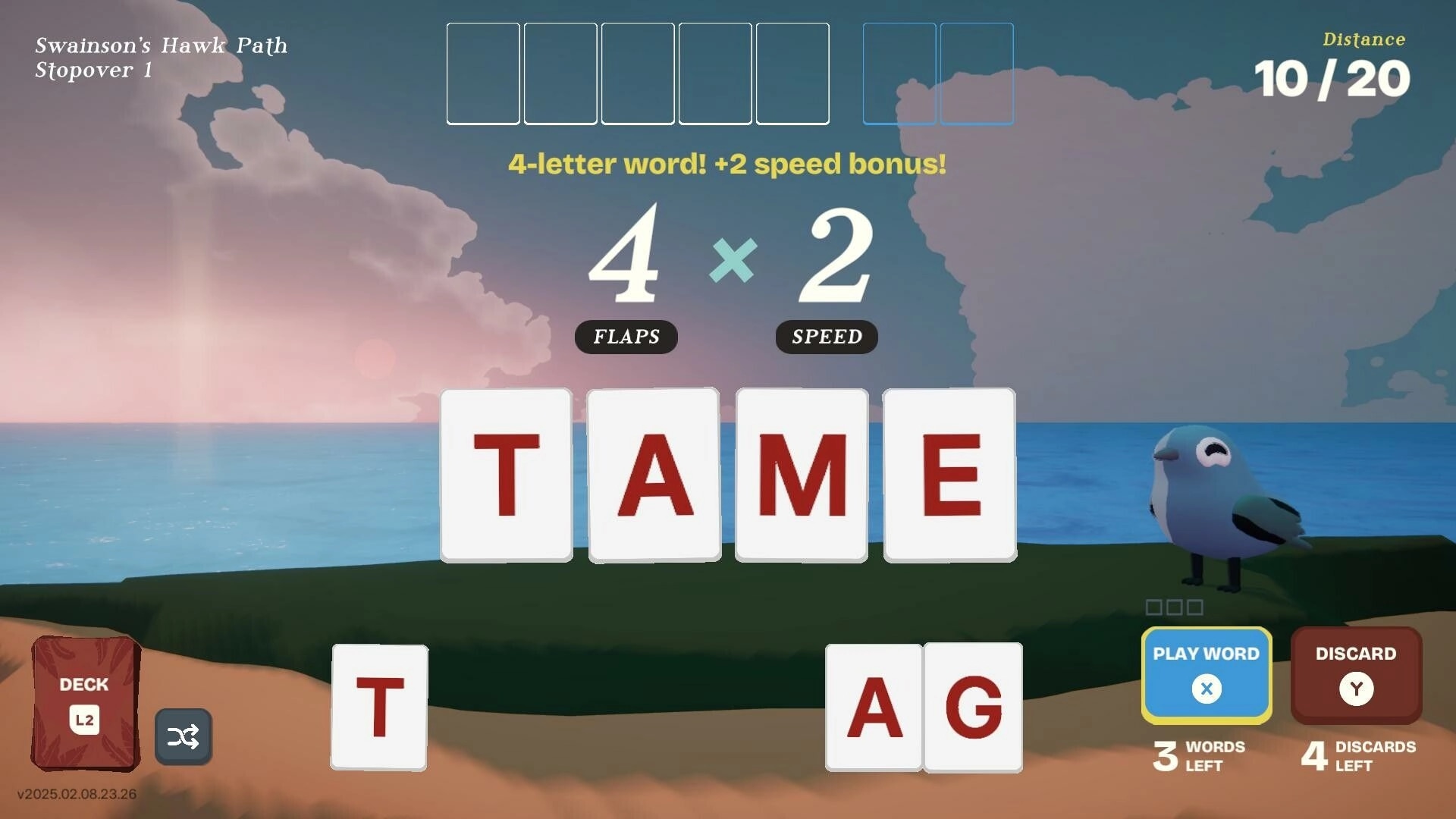 Birdigo: Word-building interface with bird character by the sea, showing flaps and speed bonuses.