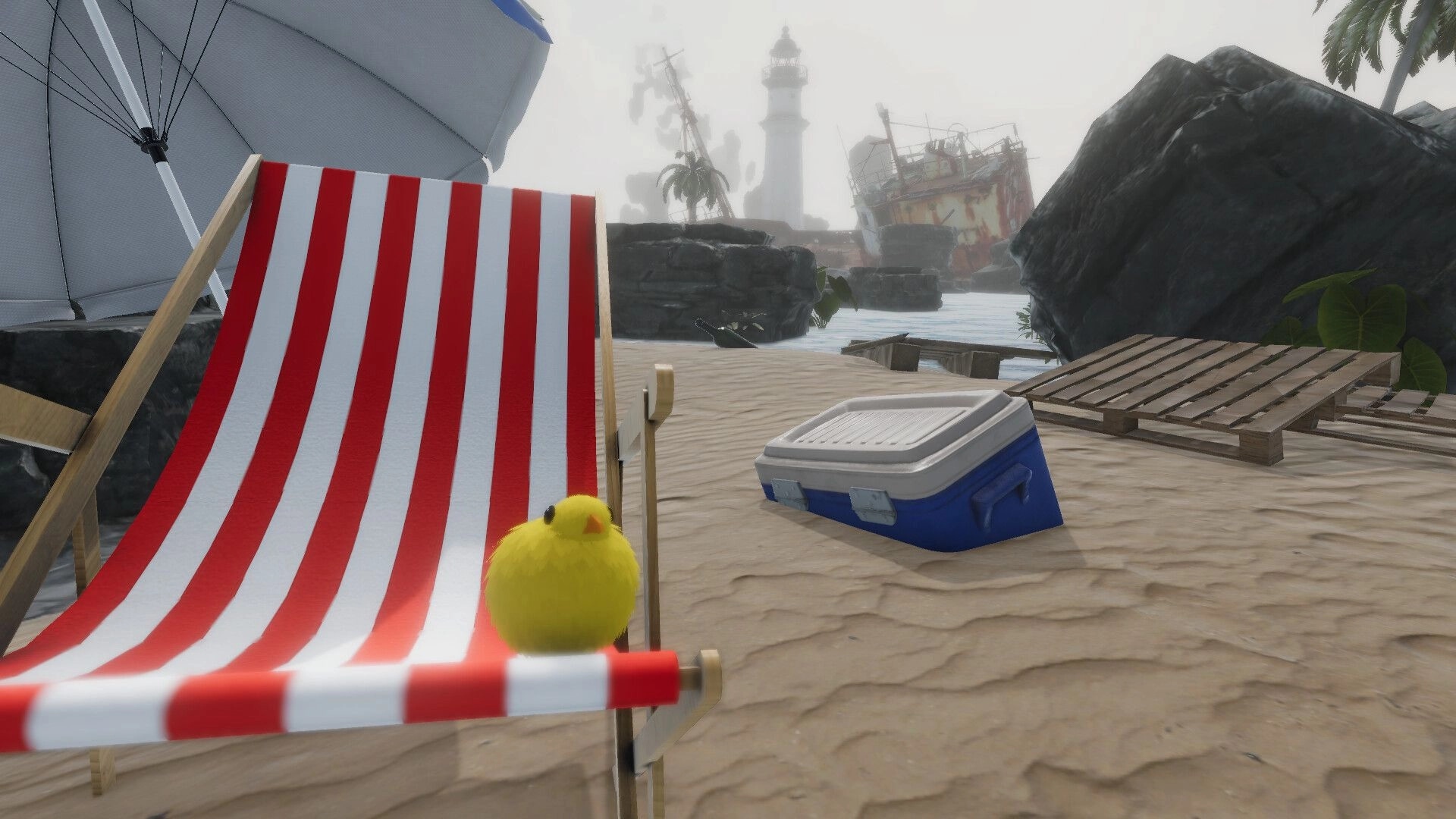 Birdslop: Tiny yellow chick beside striped beach chair on sandy shore with rocks, lighthouse, shipwreck.