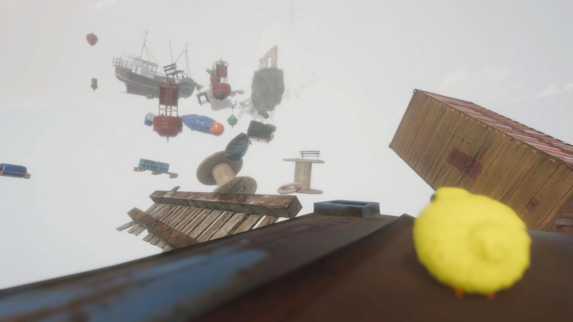 Birdslop: Yellow chick on a wooden platform facing floating boats, crates, and debris in foggy sky.