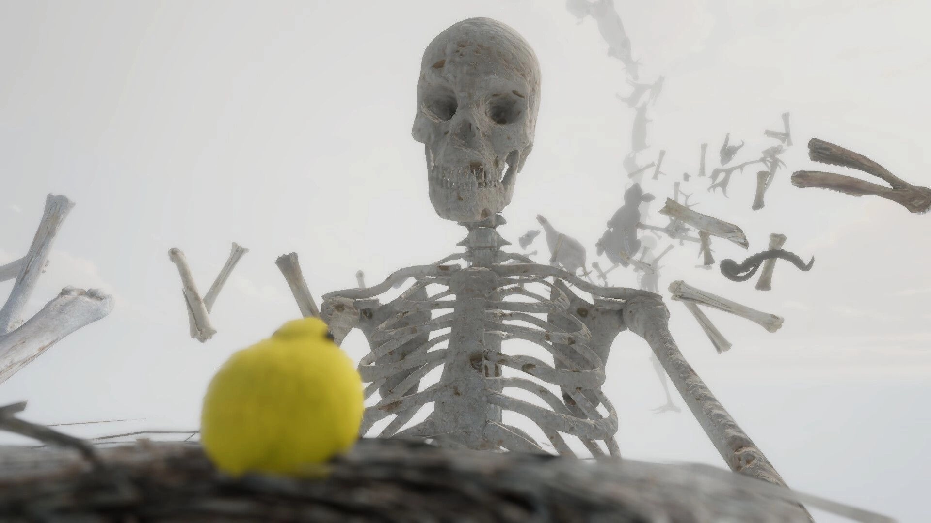 Birdslop: Yellow chick faces a giant skull and ribcage amid floating bones in white foggy void.