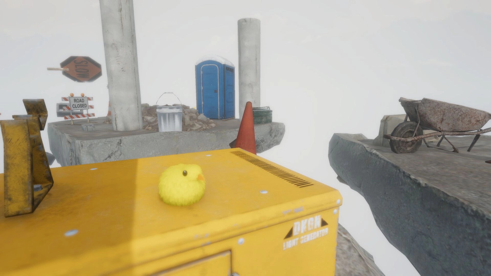 Birdslop: Yellow chick perched on a generator by broken concrete platforms with cones and porta potty.
