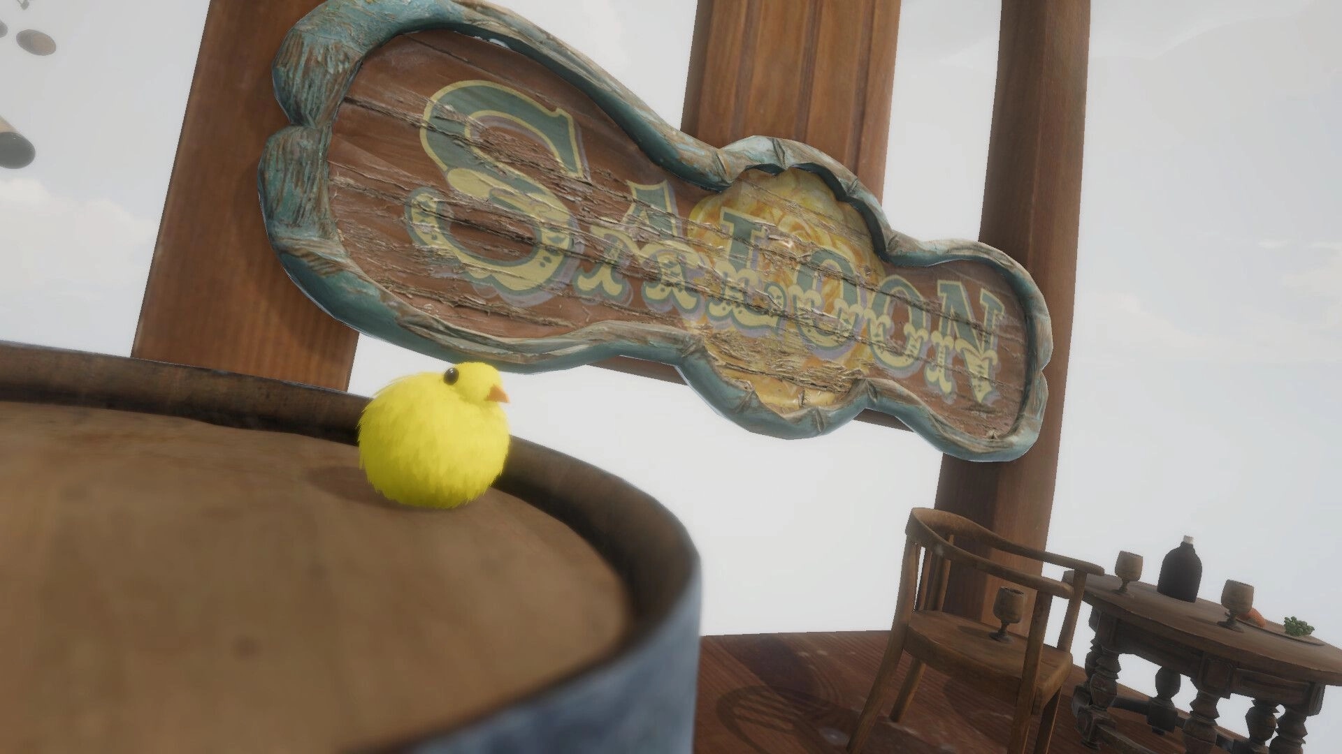 Birdslop: Yellow chick perched on a barrel beneath a worn wooden Saloon sign in a rustic room.