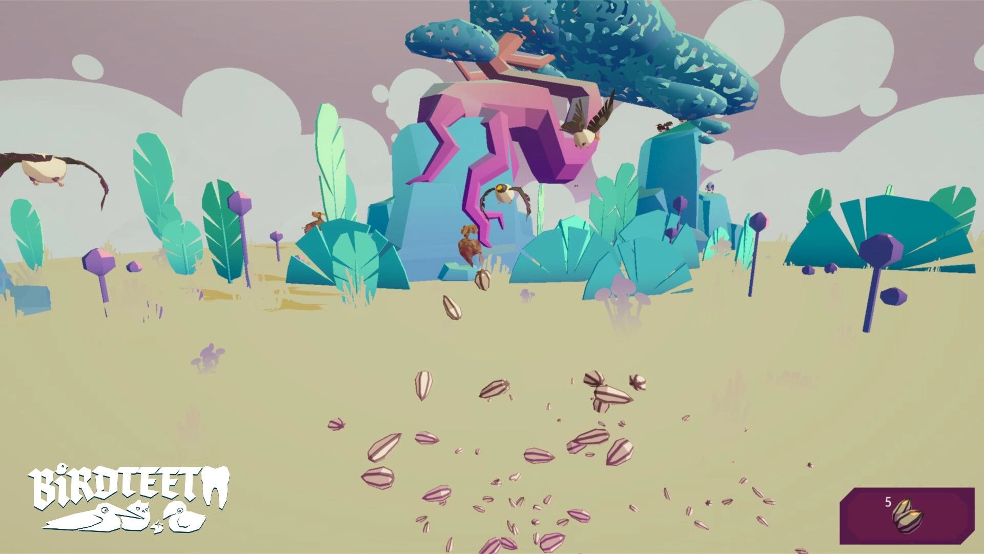 Birdteeth: Birds flying around a colorful, surreal landscape with seeds scattered on the ground.